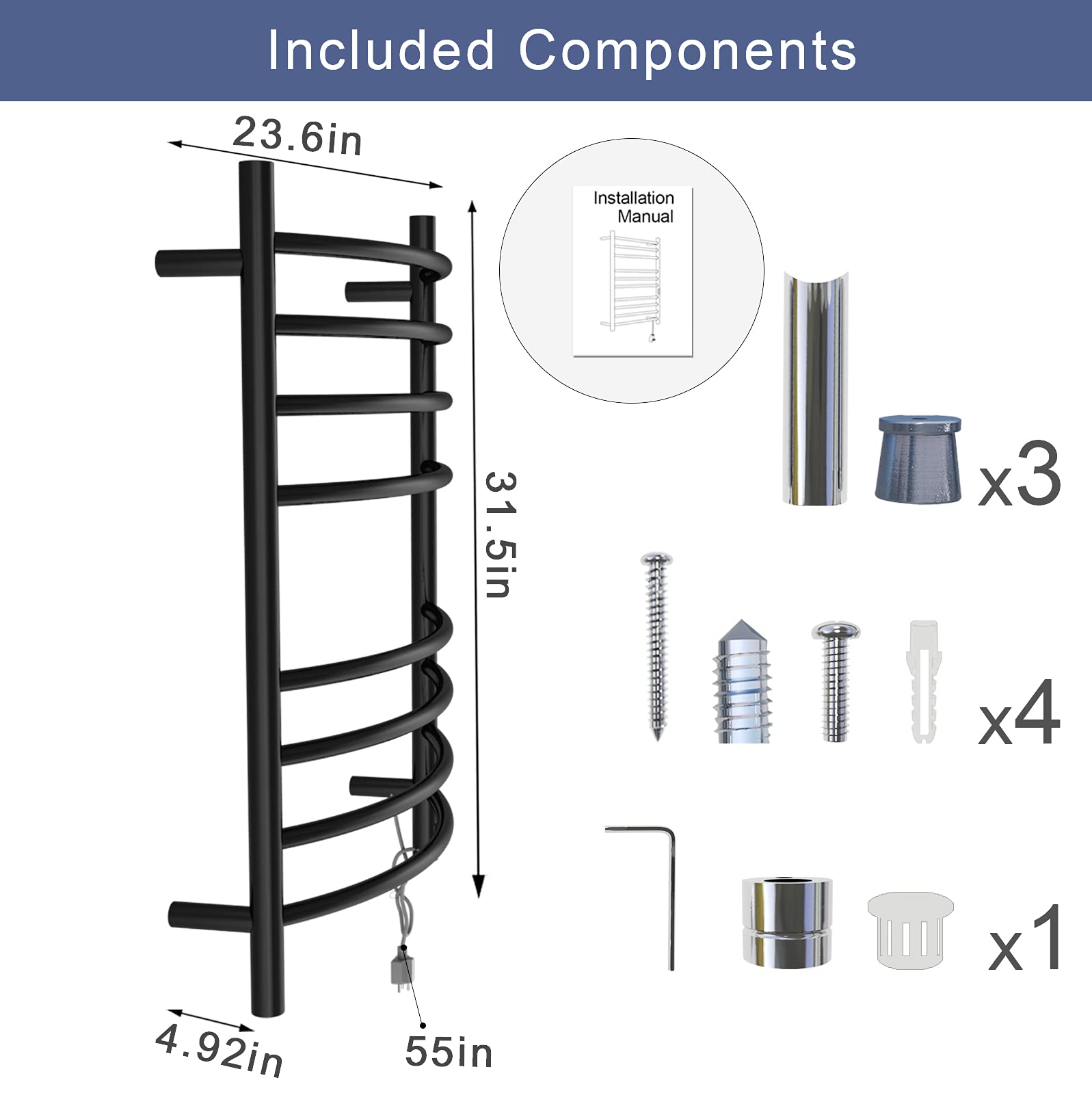 Electric Heated Towel Rack with Timer - Wall Mounted Bathroom Towel Warmer, Hardwired or Plug-in Options - Perfect for Spa-Like Luxury in Homes & Hotels