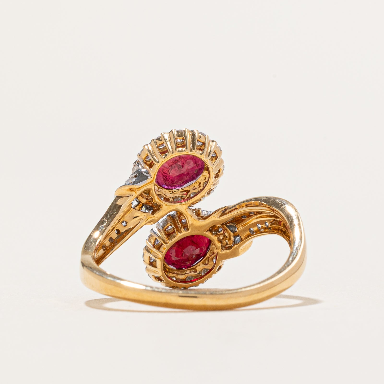 18K Gold Toi et Moi Vivid Red Ruby & Diamond Bypass Ring | 1.80ctw Ruby & 0.66ctw Diamond | Size 6.5 | Elegant Promise Ring, Anniversary Gift, Valentine's Day Jewelry for Her