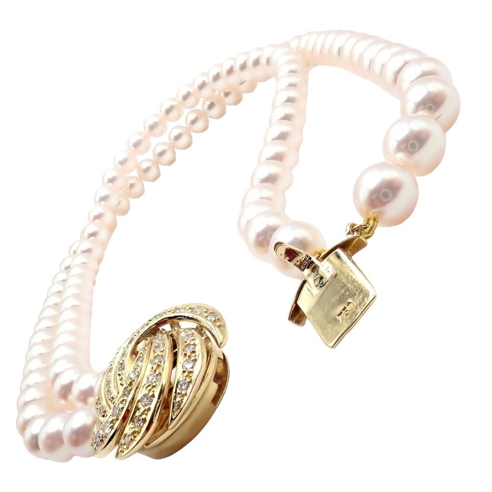 Authentic Mikimoto 18k Yellow Gold Diamond Double Strand 8mm Pearl Necklace - Elegant Jewelry for Weddings, Anniversaries & Special Occasions