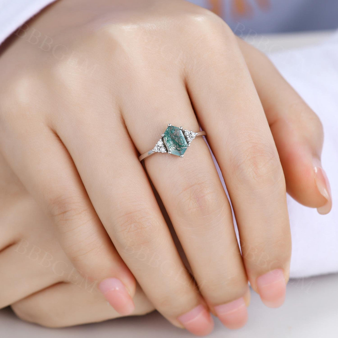Long Hexagon Cut Moss Agate Engagement Ring with Cluster Diamond Accents - Green Crystal Elongated White Gold Wedding Band for Women | Perfect for Proposals, Anniversaries & Romantic Occasions
