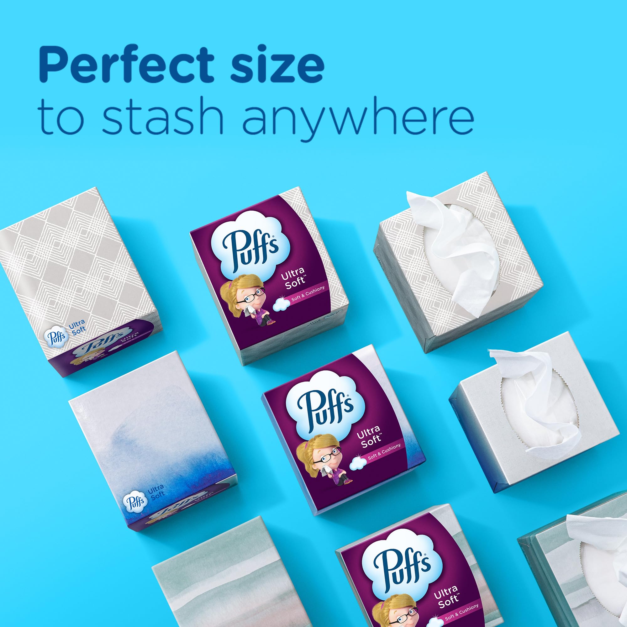 Puffs Ultra Soft Facial Tissues, 4 Mega Cube Boxes (72 Tissues Each) - Hypoallergenic & Lotion-Infused for Gentle Care | Perfect for Home, Office & Travel Use