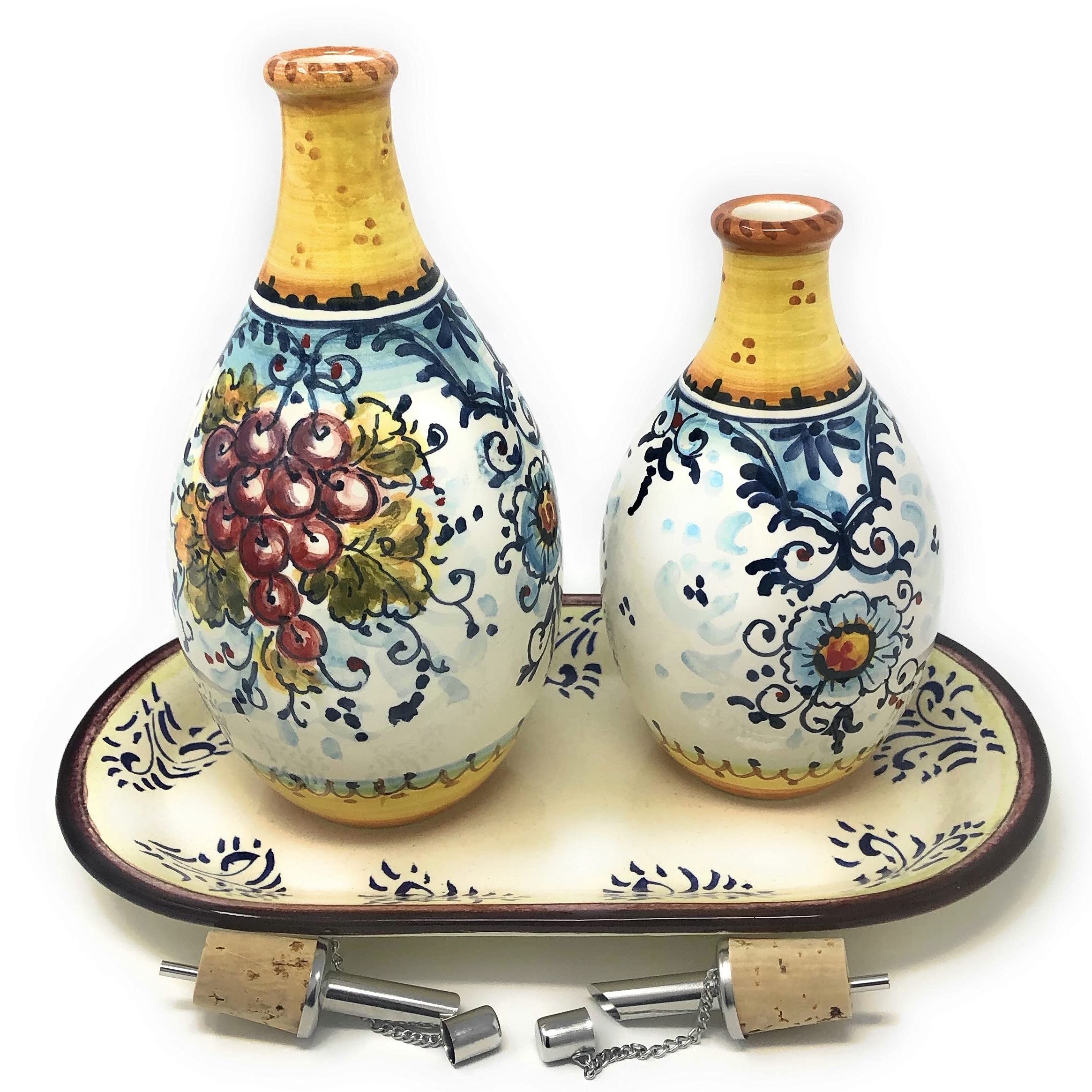 Italian Hand-Painted Ceramic Oil & Vinegar Cruet Set - Tuscan Grape Design from Montalcino, Italy | Perfect for Kitchen Decor, Gourmet Cooking & Italian-Themed Dinner Parties