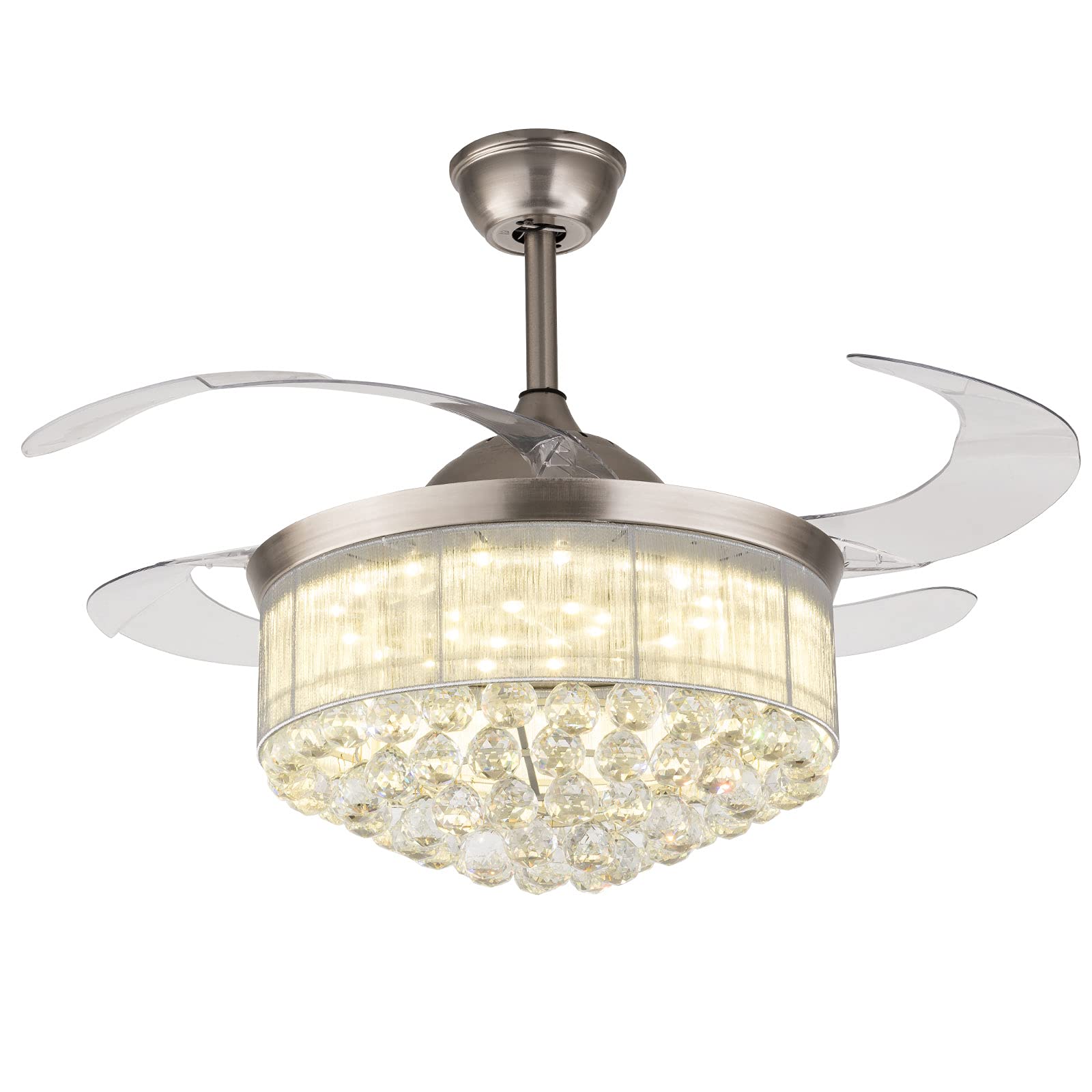 Dimmable Crystal Ceiling Fan with LED Light - Modern Remote Control Chandelier Fan with Invisible Acrylic Retractable Blades - Adjustable Wind Speed & Timer - Perfect for Kitchen, Bedroom, Living Room, Hallway & Foyer (36 Inch, Style 2) - Ideal for Home Cooling & Elegant Lighting Decor
