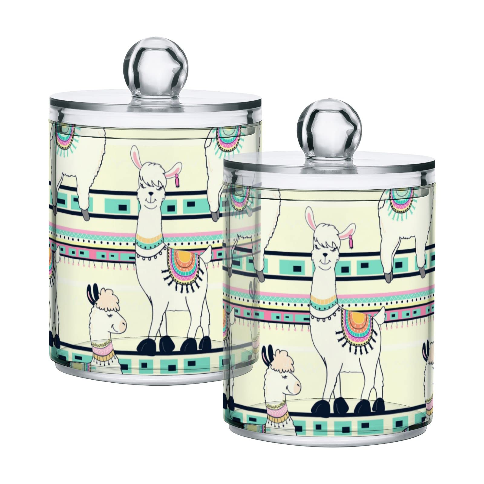 Vintage White Tribal Ethnic Llamas Alpaca Design Plastic Storage Jars with Lids - Set of 2 (10 oz Translucent Food Containers) for Cotton Swabs, Tea, Cookies & Dry Goods - Perfect for Kitchen, Bathroom & Pantry Organization
