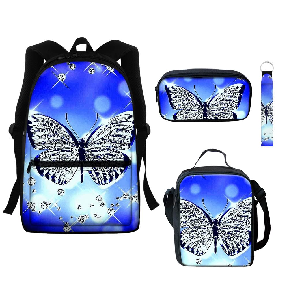 Blue Bling Butterfly Print School Backpack for Girls - Insulated Lunch Bag & Tote Lunch Box Set with Pen Case, Pencil Bag, Wriststrap & Keychain (4pcs) - Perfect for School, Outdoor Picnics & Daily Use