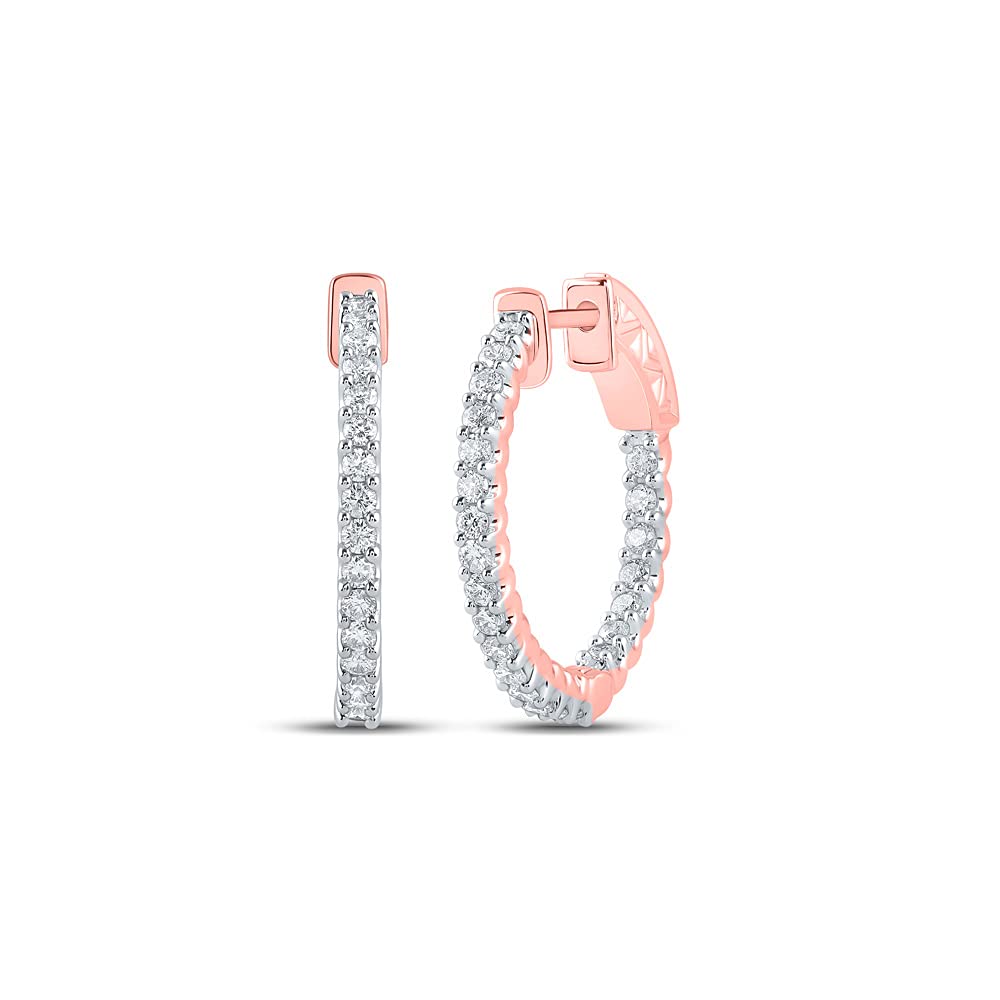 14Kt Rose Gold Women's Round Diamond In-Out Hoop Earrings 1 Cttw - Elegant Jewelry for Parties, Weddings & Everyday Wear