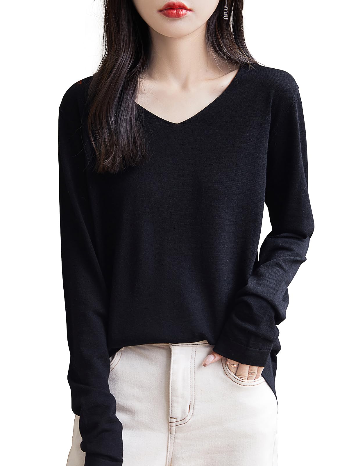 Chanyarn Women's 100% Merino Wool Base Layer Shirt - V Neck Long Sleeve Thermal Top for Hiking, Travel & Outdoor Activities | Soft & Breathable Pullover Tee for Cold Weather