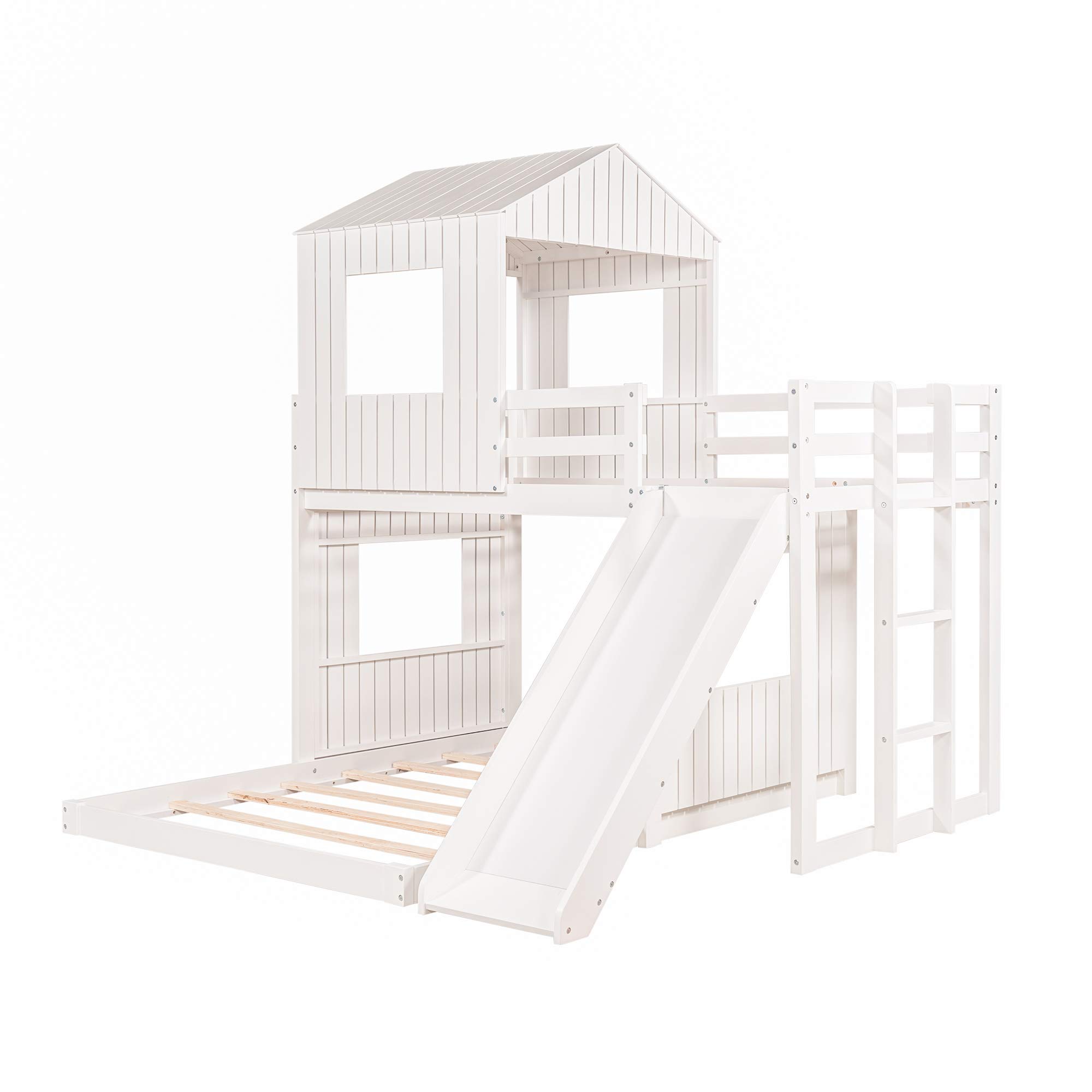 Wooden Low Bunk Bed with Slide - Twin Over Full Bunk Bed with Playhouse Roof & Window - Farmhouse Style Loft Bed with Ladder & Safety Guardrails for Kids, Toddlers, Boys & Girls - No Box Spring Needed - Perfect for Small Bedrooms, Playrooms & Shared Kids' Spaces