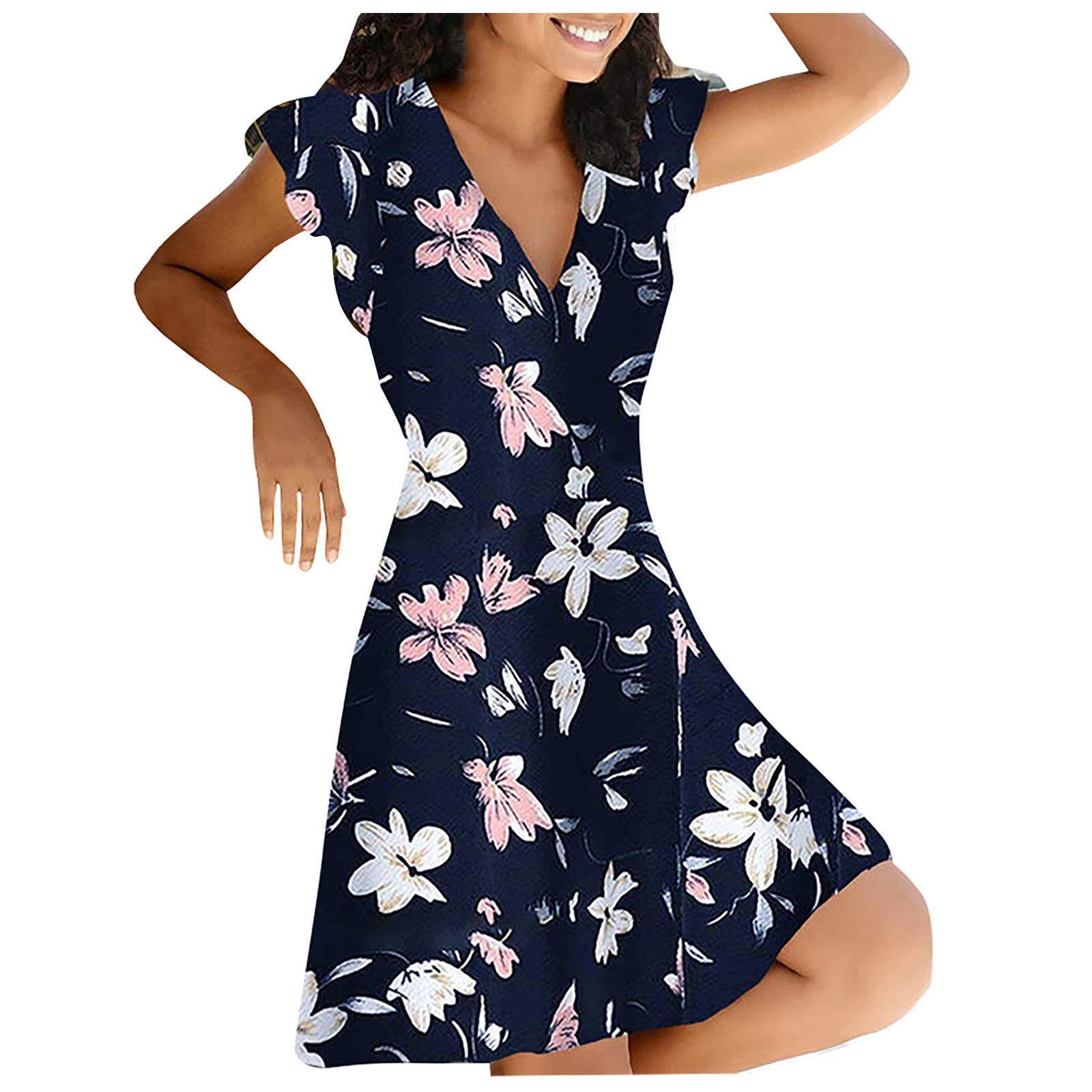 2022 Women's Summer Dresses - Floral Print V-Neck Zipper Pullover Short Sleeve Casual Dress | Perfect for Beach Vacations, Outdoor Parties & Daily Wear