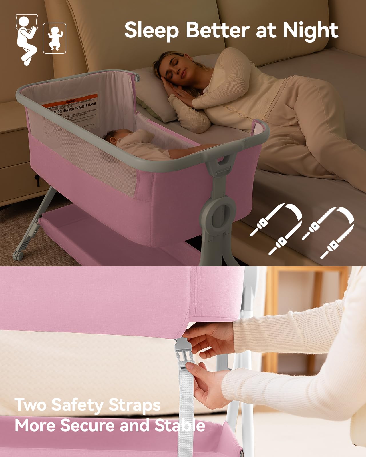 Larex Adjustable Baby Bassinet Bedside Sleeper - Portable Crib with Storage Basket & Wheels for Newborns & Infants - Easy Fold Assembly (Pink) | Perfect for Nursery, Bedroom & Travel Use