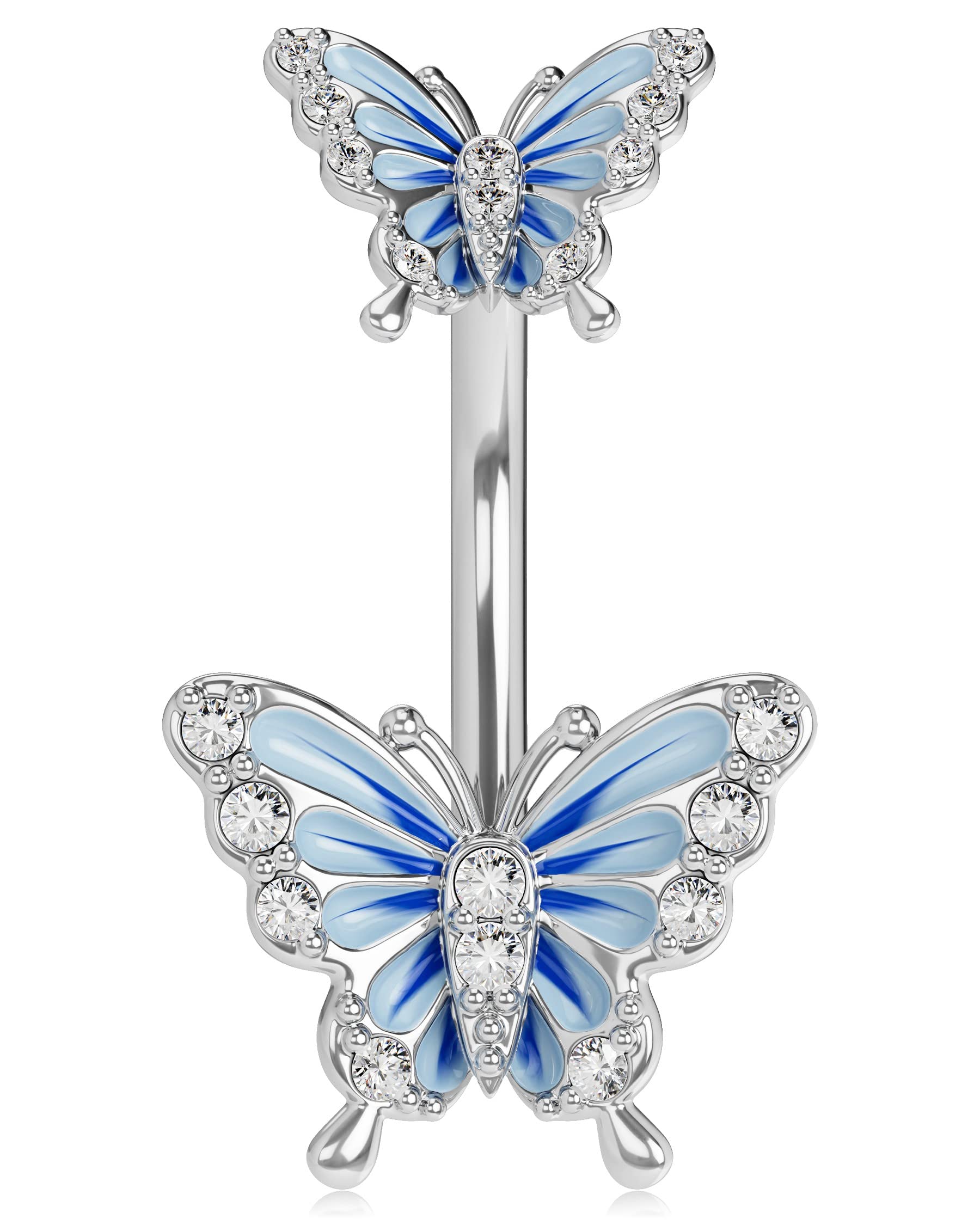 OUFER 14G Surgical Steel Belly Button Ring - Blue Butterfly CZ Navel Piercing Jewelry, 10mm Silver Barbell for Women, Perfect Gift for Piercing Lovers | Ideal for Everyday Wear, Parties, and Special Occasions