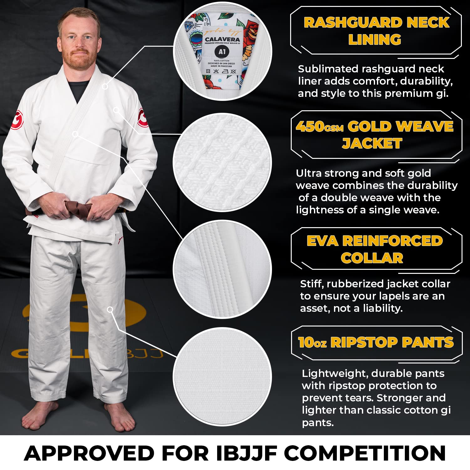 Premium Gold BJJ Calavera Jiu Jitsu Gi - Ultra Strong Gold Weave IBJJF Approved Kimono - Perfect for Training, Competition & Martial Arts Practice