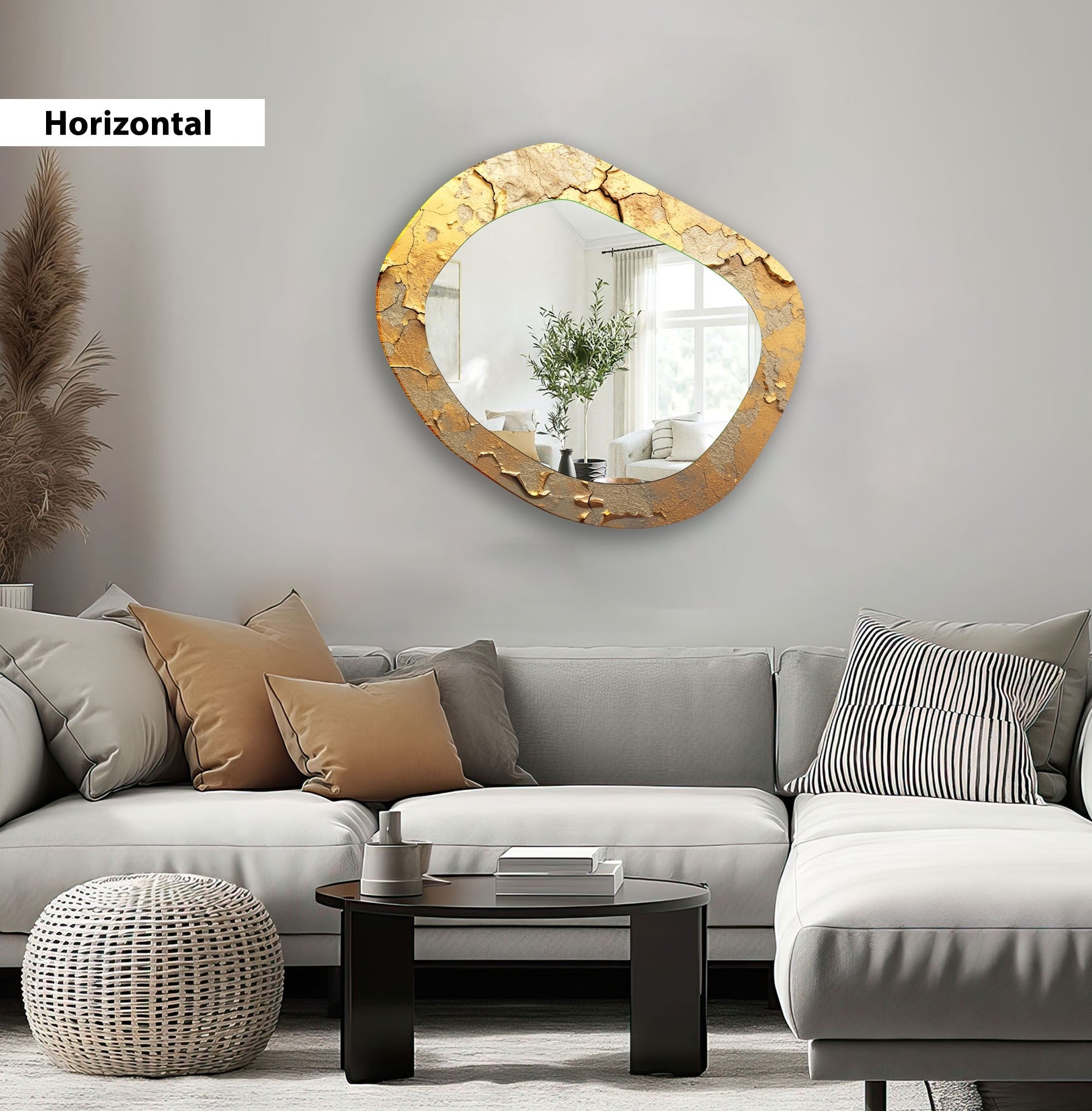 Asymmetrical Gold Marble Wall Mirror - Modern Decorative Mirror for Living Room, Bedroom & Entryway - Elegant Home Decor Accent Piece