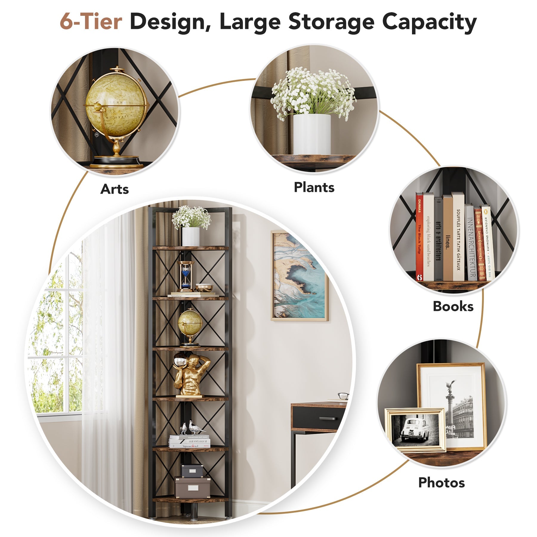 6-Tier Corner Shelf - Space-Saving Bookshelf Organizer for Bedroom, Bathroom & Office - Compact Storage Rack for Books, Plants & Decor in Small Spaces