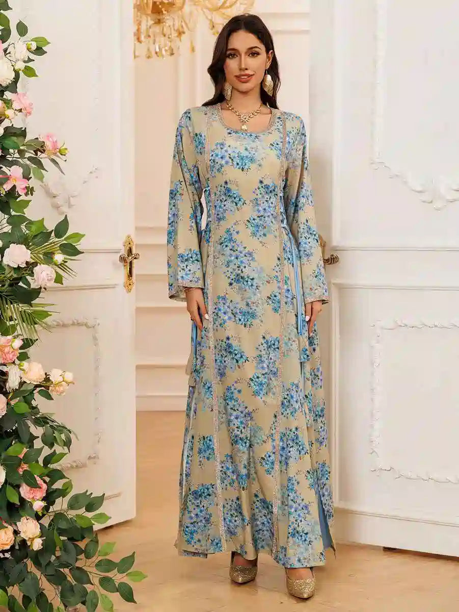 Floral Printed Eid Caftan Dress for Women - Elegant Long Kaftan with V-Neck & Flowy Sleeves #25441 | Perfect for Eid Celebrations, Summer Parties & Beach Cover-Ups