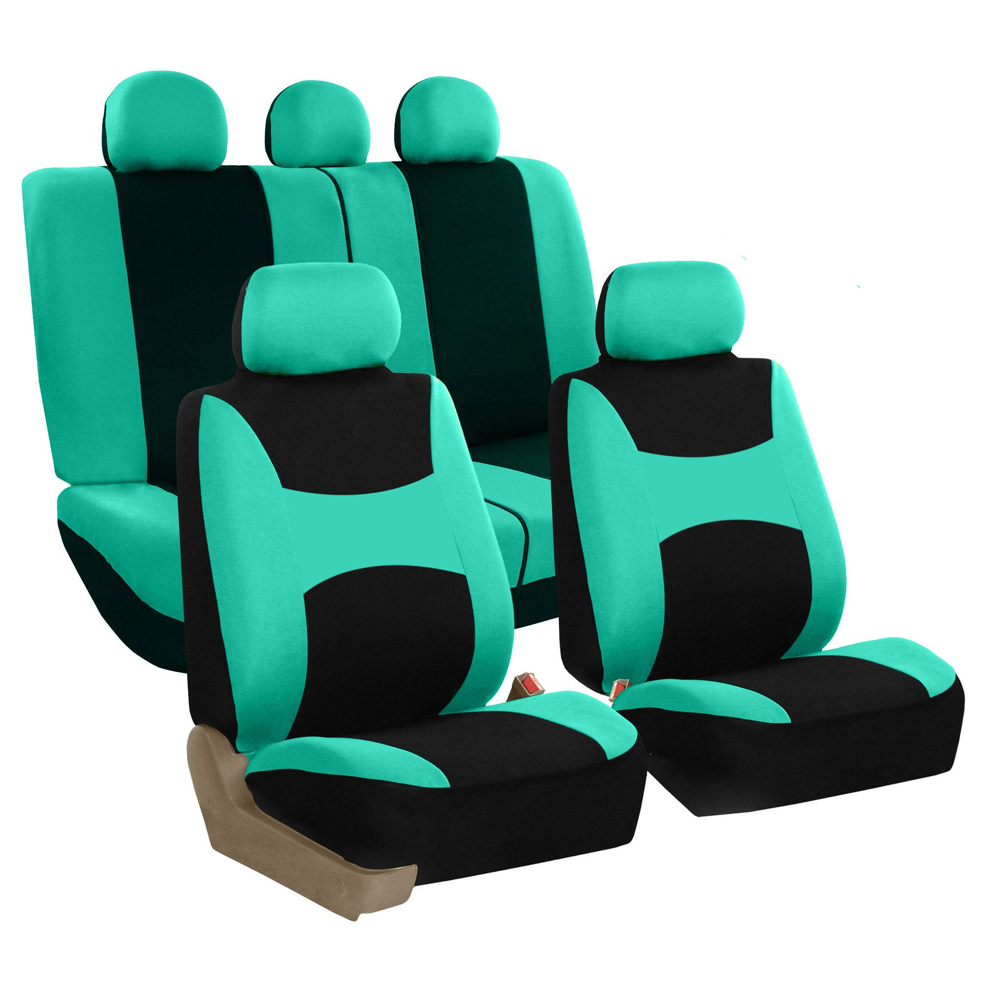 TLH Lightweight Breathable Mint Car Seat Covers - Split Bench Design with Airbag Compatibility | Waterproof Vinyl Floor Mats Set | Perfect for Summer Driving & Road Trips