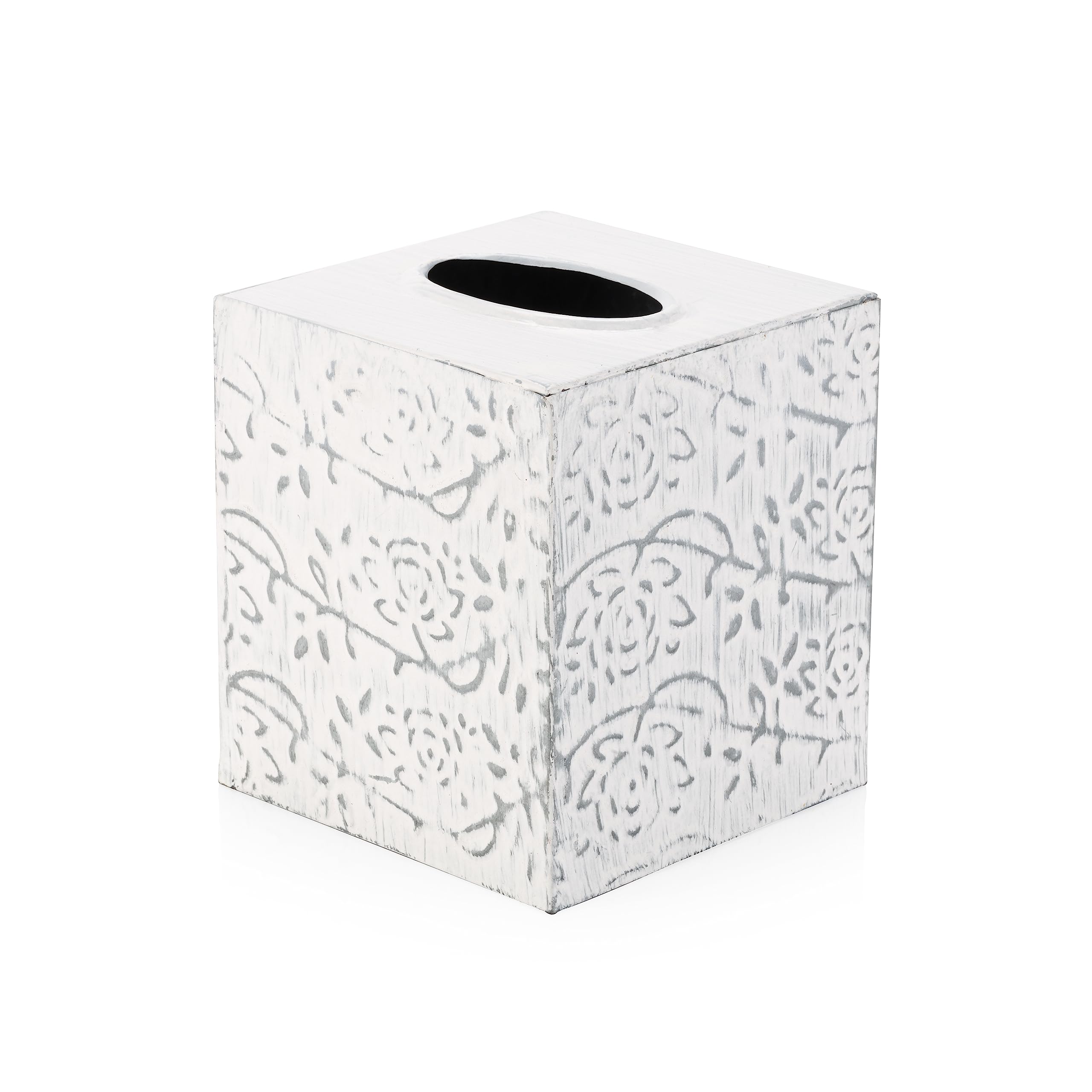 Modern Farmhouse Tissue Box Cover - Decorative Square Kleenex Holder in Distressed White & Rustic Metal - Country Chic Bathroom & Living Room Decor