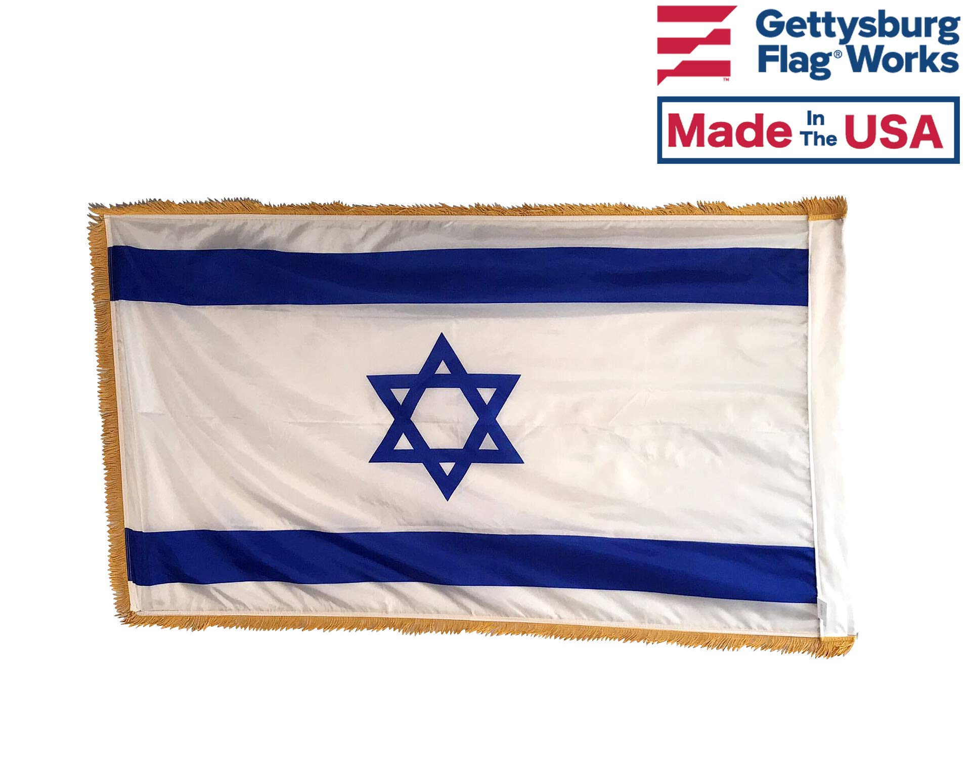 3x5' Israel Indoor Flag with Pole Hem & Gold Fringe - Premium Quality, Made in USA - Perfect for Home Decor, Office Display & Patriotic Events