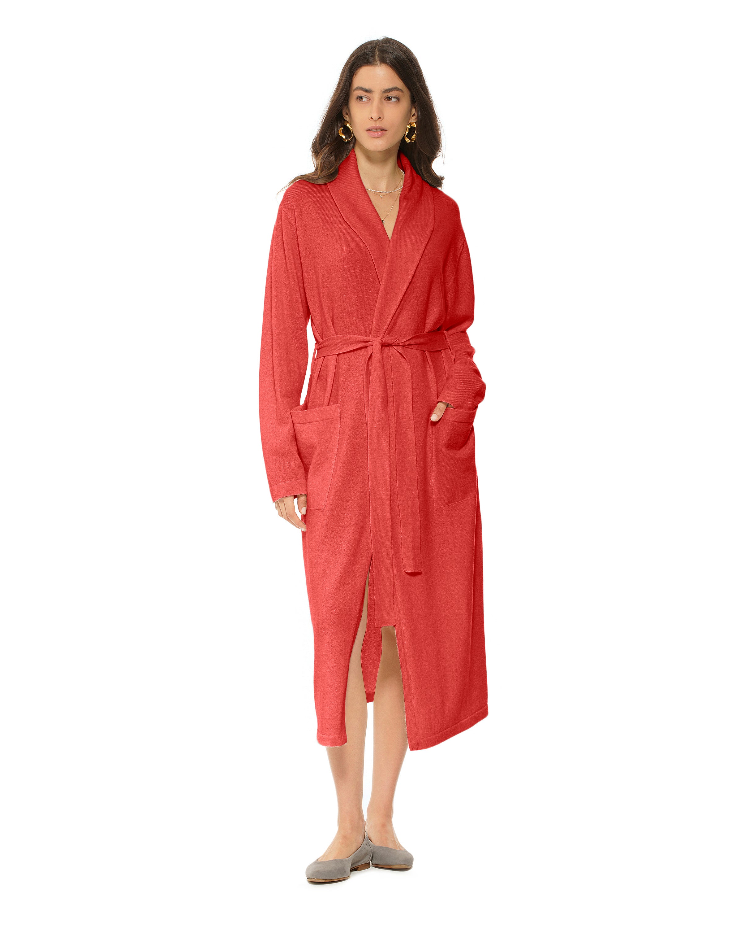 Luxury Women's Pure Cashmere Knit Robe - Soft Coral Red Winter Loungewear for Spa, Home & Gift Giving
