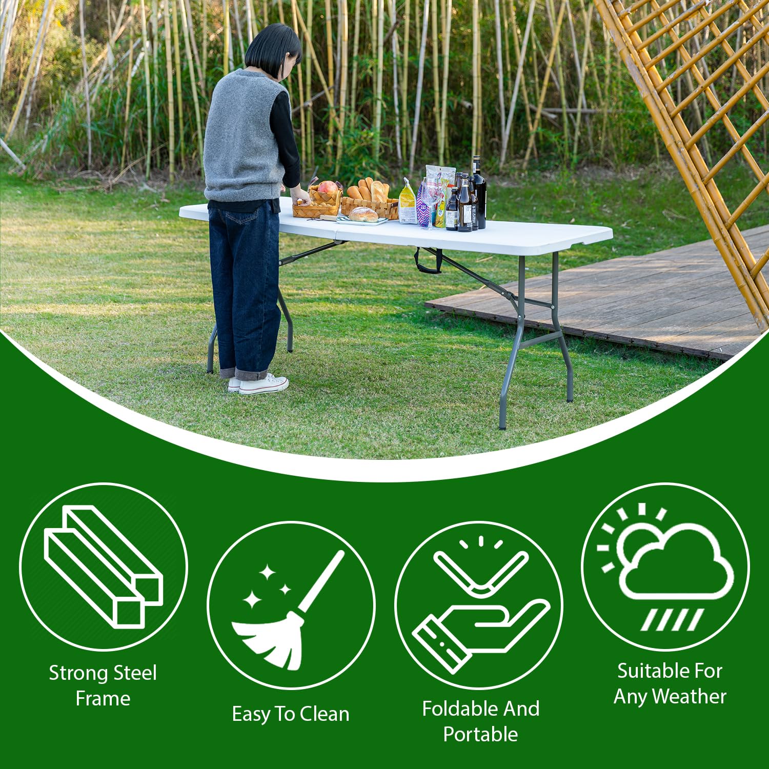 6 Foot Folding Table - Heavy Duty Portable Camping Table for Indoor & Outdoor Use - Multipurpose Utility Dining Table with Fold-in-Half Design - Perfect for Picnics, Parties, BBQs, Tailgating and Camping Trips - White
