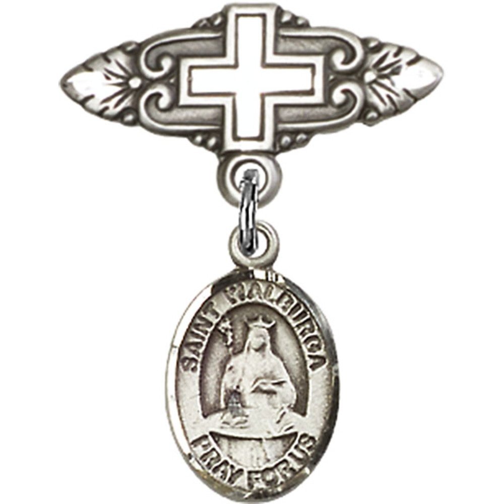 St. Walburga Sterling Silver Baby Badge with Cross Charm & Pin - 1