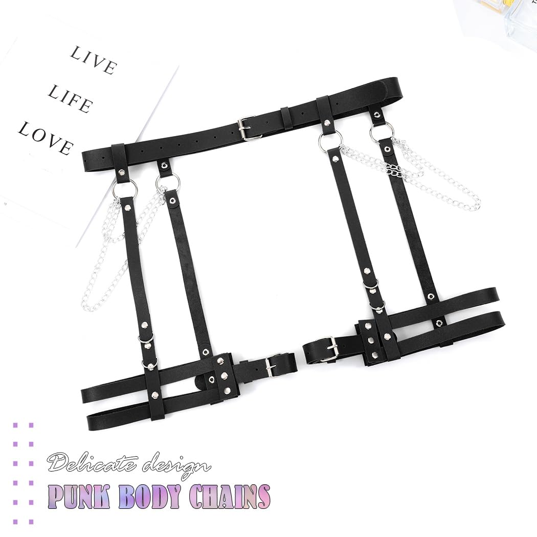 Black Leather Punk Waist Chain & Leg Harness Belt - Gothic Body Jewelry for Women | Rave Outfits, Party Accessories, Festival Fashion, BDSM Style, Fetish Wear