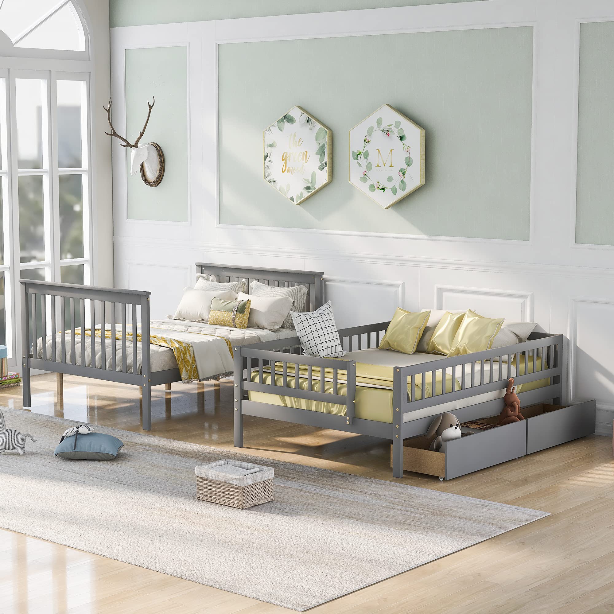 Harper & Bright Designs Full Over Full Bunk Bed with Drawers - Solid Wood Bunk Bed Frame, Full Size Bunk Bed with Storage, Convertible Bunk Bed in Gray - Perfect for Kids' Bedroom, Guest Room & Space-Saving Solutions