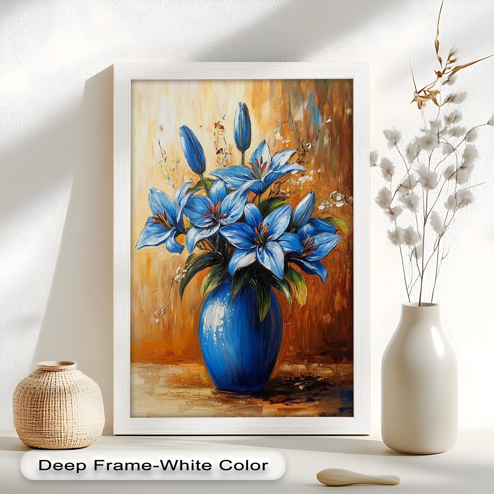 Azure Blossoms in Blue Vase - Hand-Painted Floral Oil Canvas Artwork for Living Room Decor | Wall Art for Home & Office