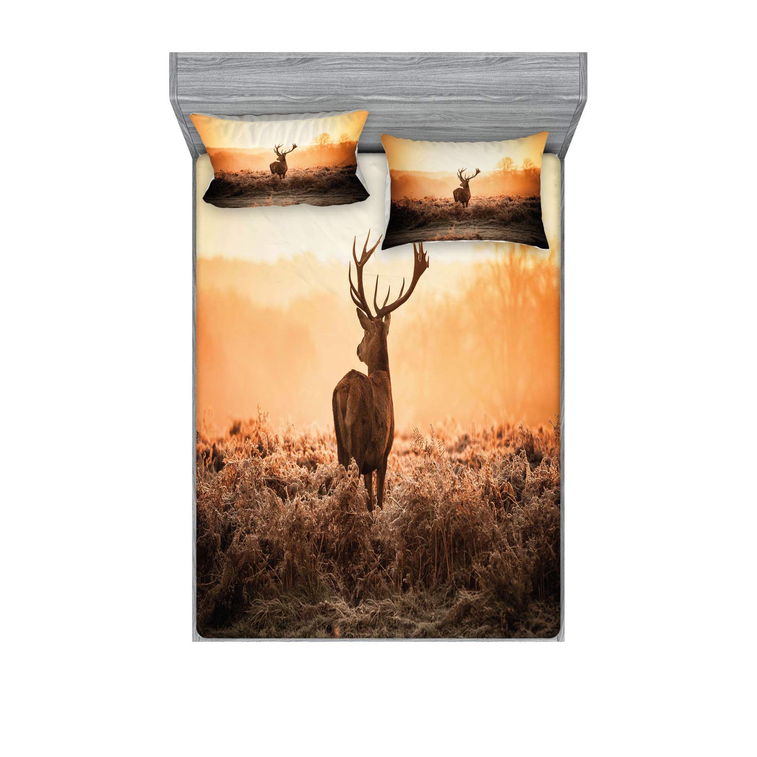 Ambesonne Hunting Themed 3-Piece King Size Bedding Set - Red Deer in Morning Sun Wilderness Nature Scenery, Brown Orange Printed Fitted Sheet & Pillow Sham | Perfect for Cabin, Lodge, or Rustic Home Decor