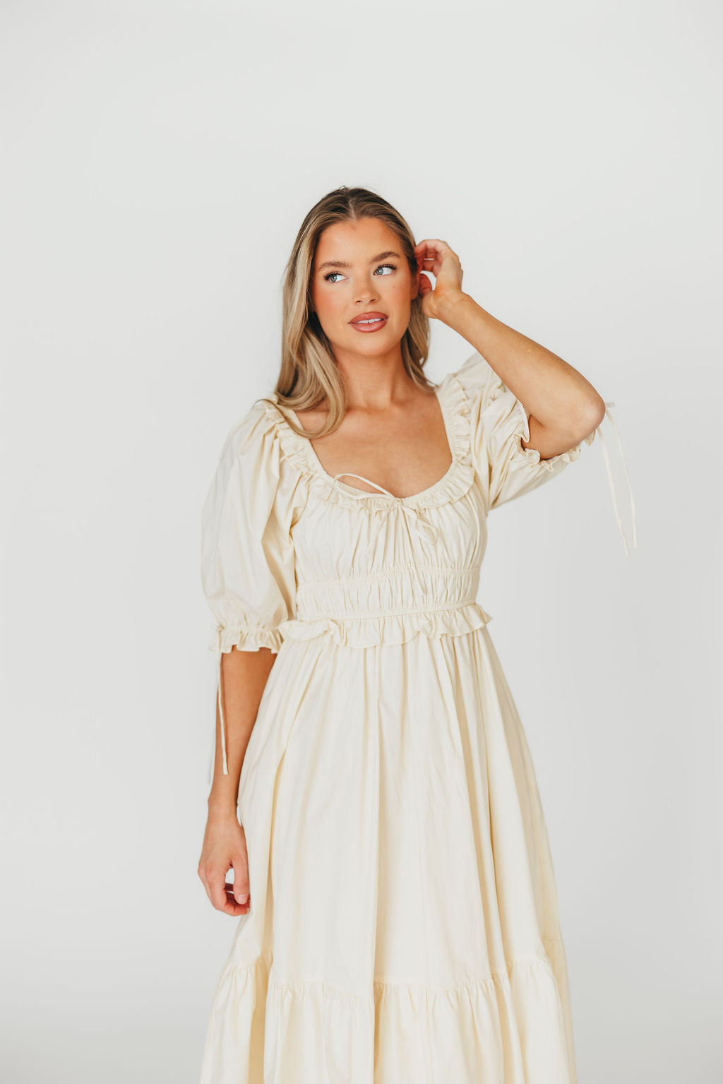 100% Cotton Crissy Ruched Midi Dress in Cream - Bump Friendly Maternity Dress for Pregnancy, Nursing & Postpartum - Perfect for Baby Showers, Date Nights & Special Occasions