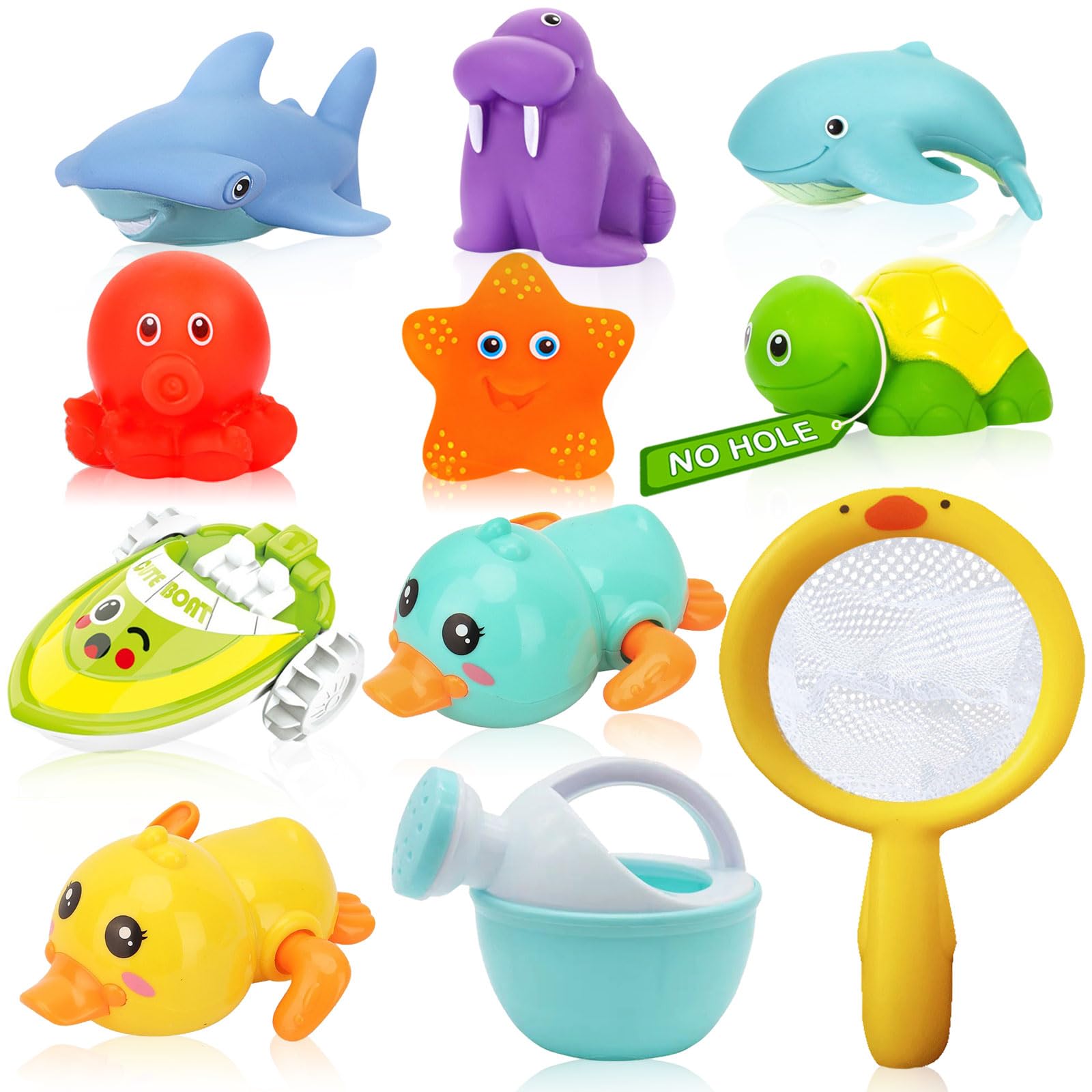 Wind-Up Swimming Ducks & Boat Bath Toys for Babies 0-12 Months - No Hole Baby Bath Toys for 1-3 Year Olds, Includes Fishing Net & Watering Can - Perfect for Bathtime, Pool Play & Early Water Play Development