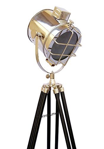 Vintage Nautical Searchlight with Black Tripod Stand - Collectible Antique Floor Lamp for Home Decor, Marine Theme Room, or Theater Stage Lighting