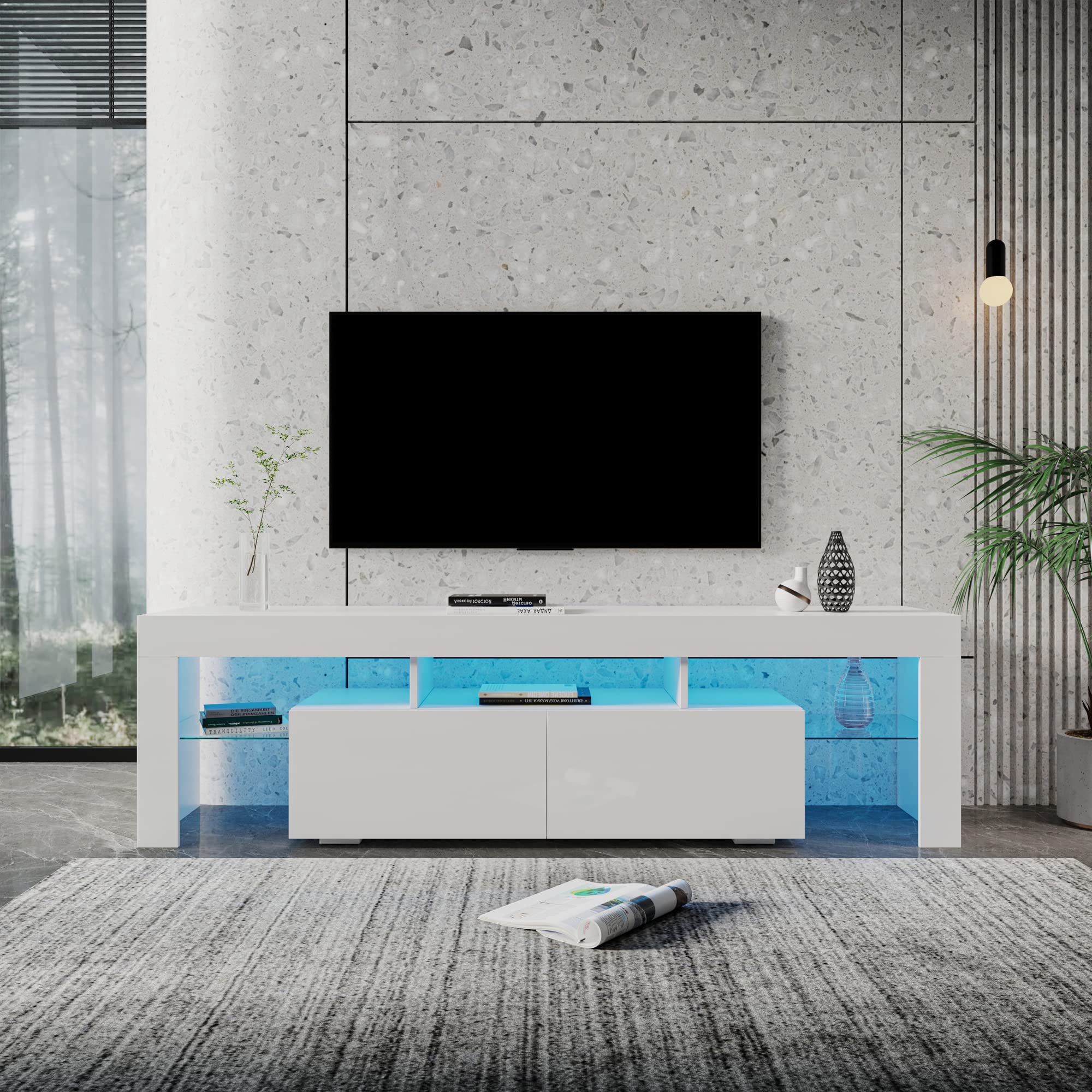 Holaki 80 Inch LED TV Stand with Remote Control Lights - Modern High Gloss Wood TV Console with 20 Color Changing LEDs, 2 Drawers & Open Shelves - Media Entertainment Center for Living Room, Bedroom & Home Theater (White)