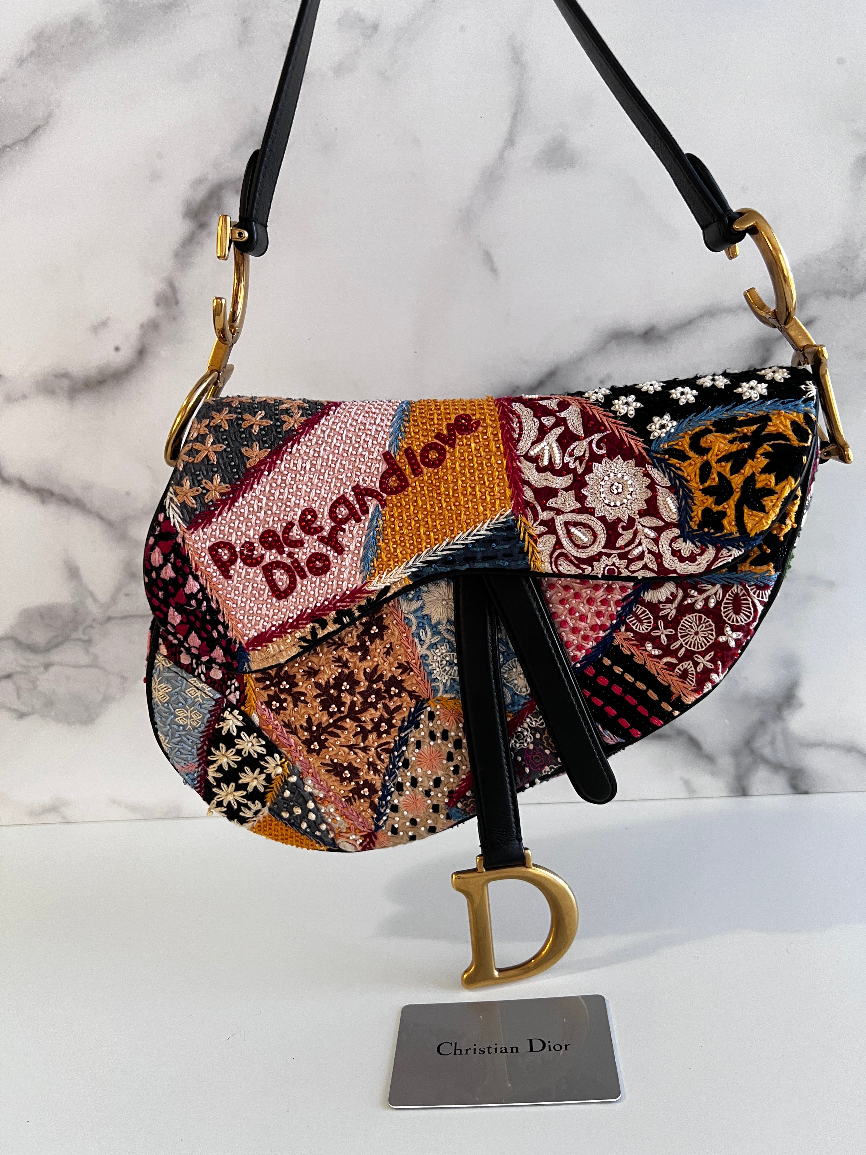 Dior Embroidered Beaded Saddle Bag - Large Size, Peace & Love Design | Luxury Crossbody Bag for Women, Perfect for Parties, Weddings & Everyday Use