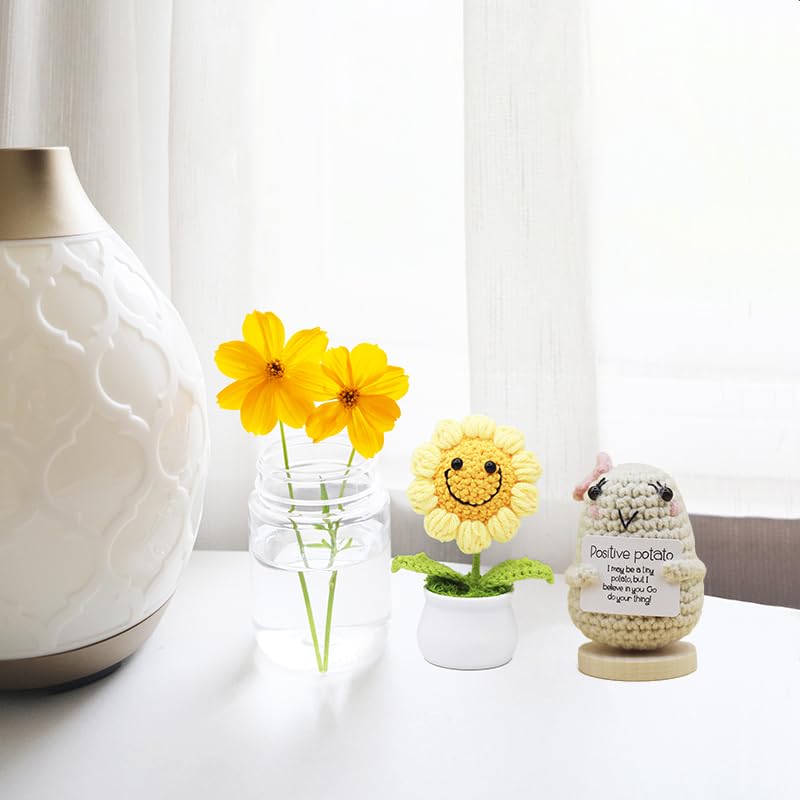 3Pcs Funny Crochet Potato Dolls with Sunflower Pot & Encouragement Cards - Creative Knitting Wool Gifts for Women, Mom, Girlfriend - Birthday, Party Decoration & Home Decor (Cucumber Style) - Perfect for DIY Crafts, Room Decor & Encouragement Gifts