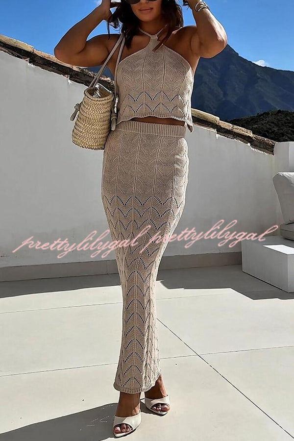 Stylish Solid Knit Hollow Halter Top & Stretch Fit Maxi Skirt Set for Women | Summer Beach Outfit, Boho Chic Look, Casual Wear