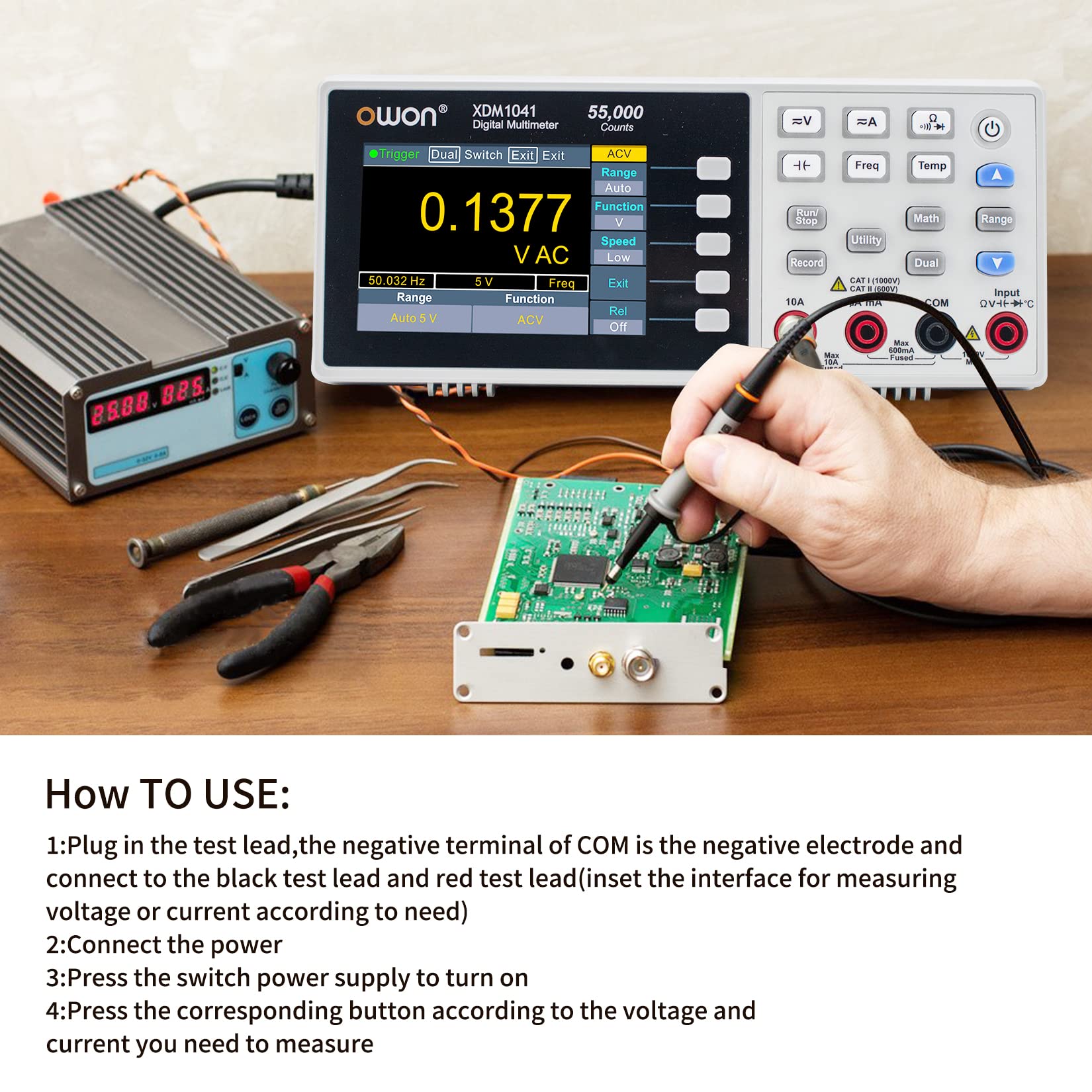 OWON XDM1041 Digital Multimeter - 3.5in LCD Display, 55000 Counts True RMS, Temperature Tester for AC/DC Voltage, Current, Resistance - Perfect for Electronics Repair, Lab Testing & Industrial Use