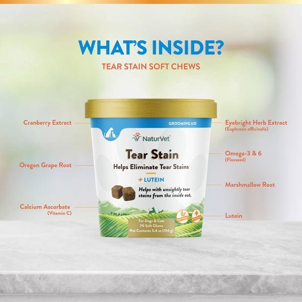 NaturVet Tear Stain Supplement with Lutein Soft Chews for Dogs & Cats - Gentle Eye Care Formula for Tear Stain Removal & Eye Health Support - Perfect for Daily Use at Home or Travel