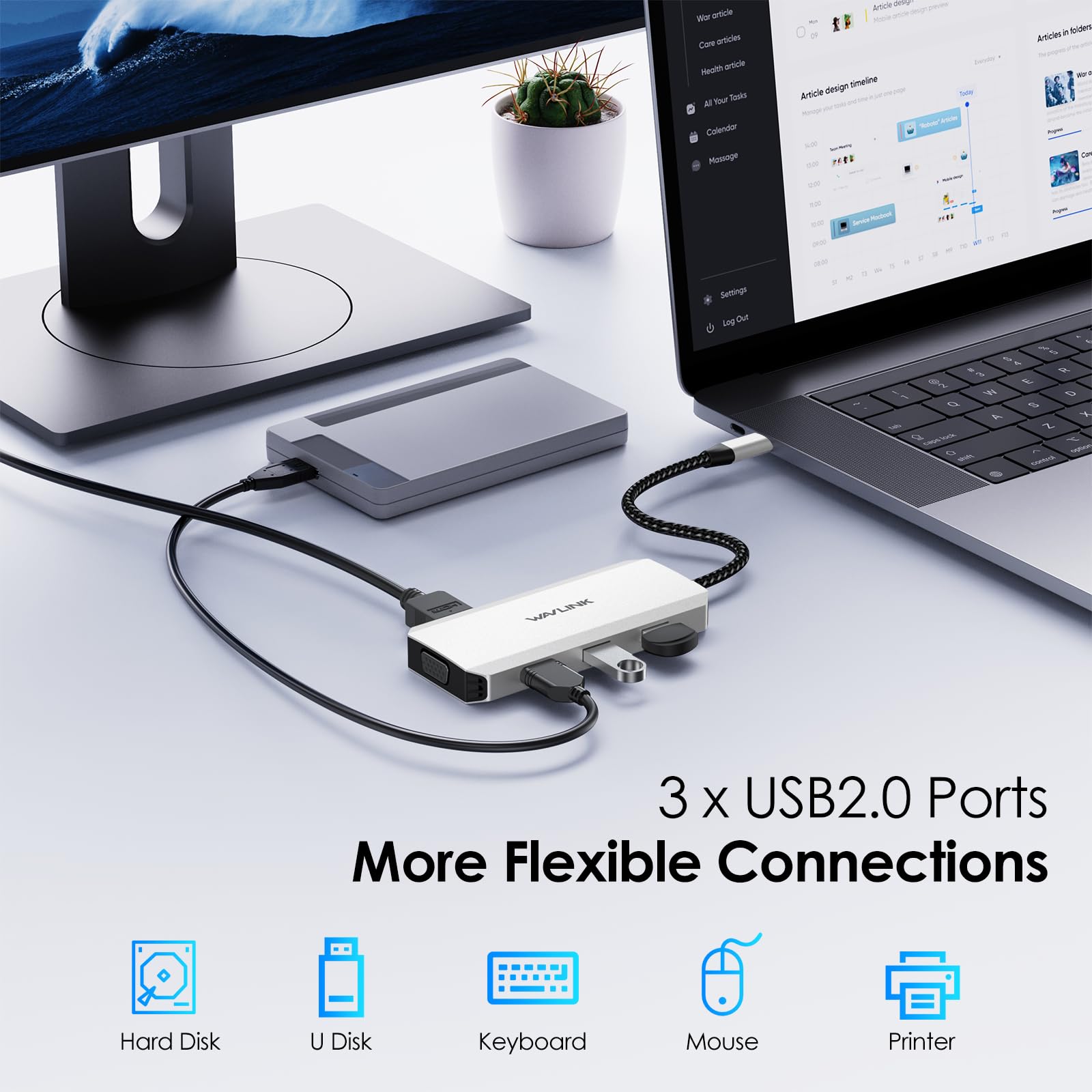 WAVLINK USB C Docking Station for MacBook Dell XPS 13/15, Lenovo Yoga, HP Laptops - Dual HDMI, DisplayPort, VGA, 3 USB 2.0 Ports - Silver | Perfect for Home Office, Remote Work & Multi-Monitor Setup