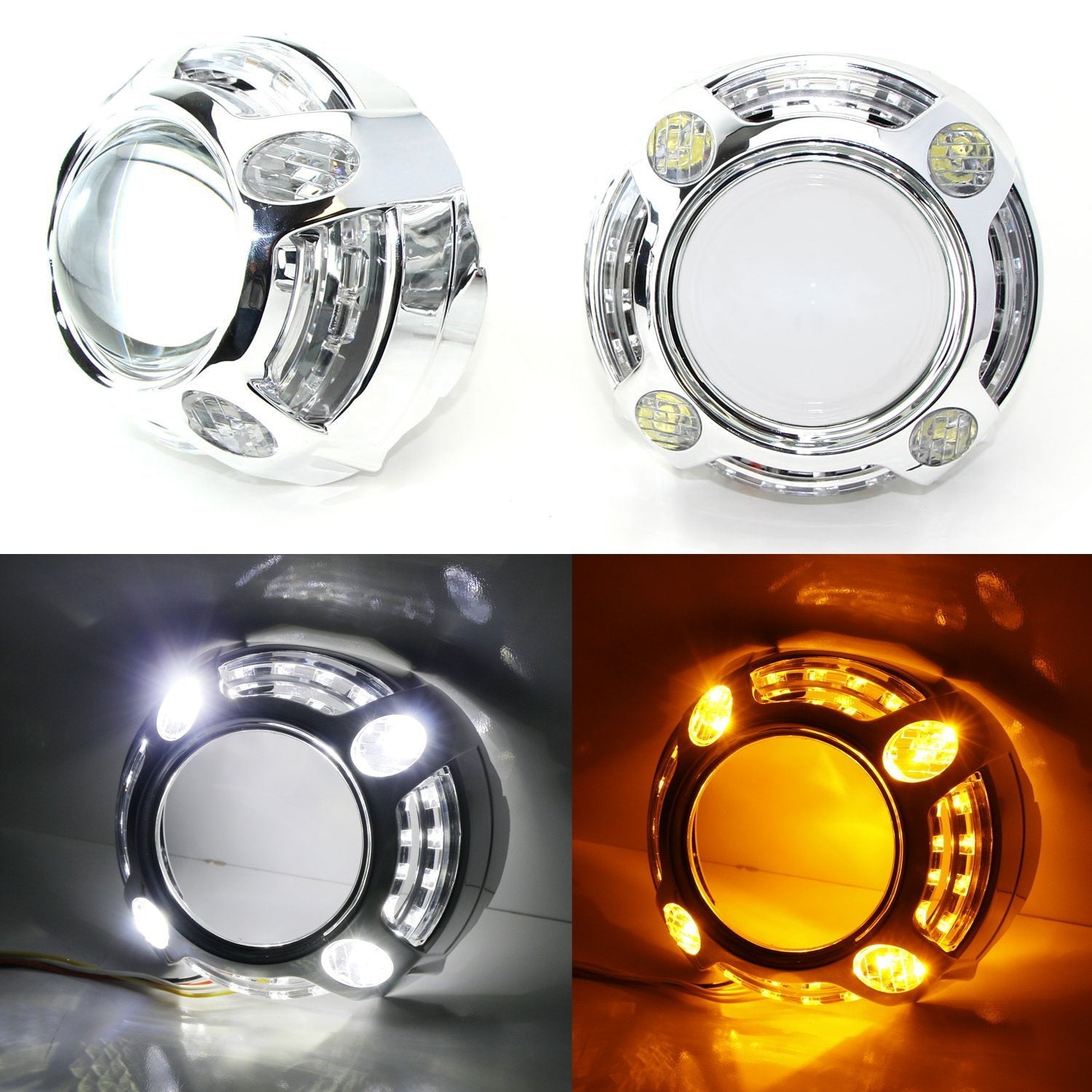 3.0 H1 Bi-Xenon Projector Lens with Porsche Style 4 LED DRL Shroud - High Performance Headlight Upgrade for Cars, Trucks & SUVs - Perfect for Night Driving & Custom Builds