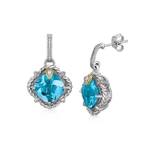 18K Yellow Gold & Sterling Silver Blue Topaz Diamond Drop Earrings for Women | Elegant Dangle Earrings for Wedding, Party & Special Occasion Gifts