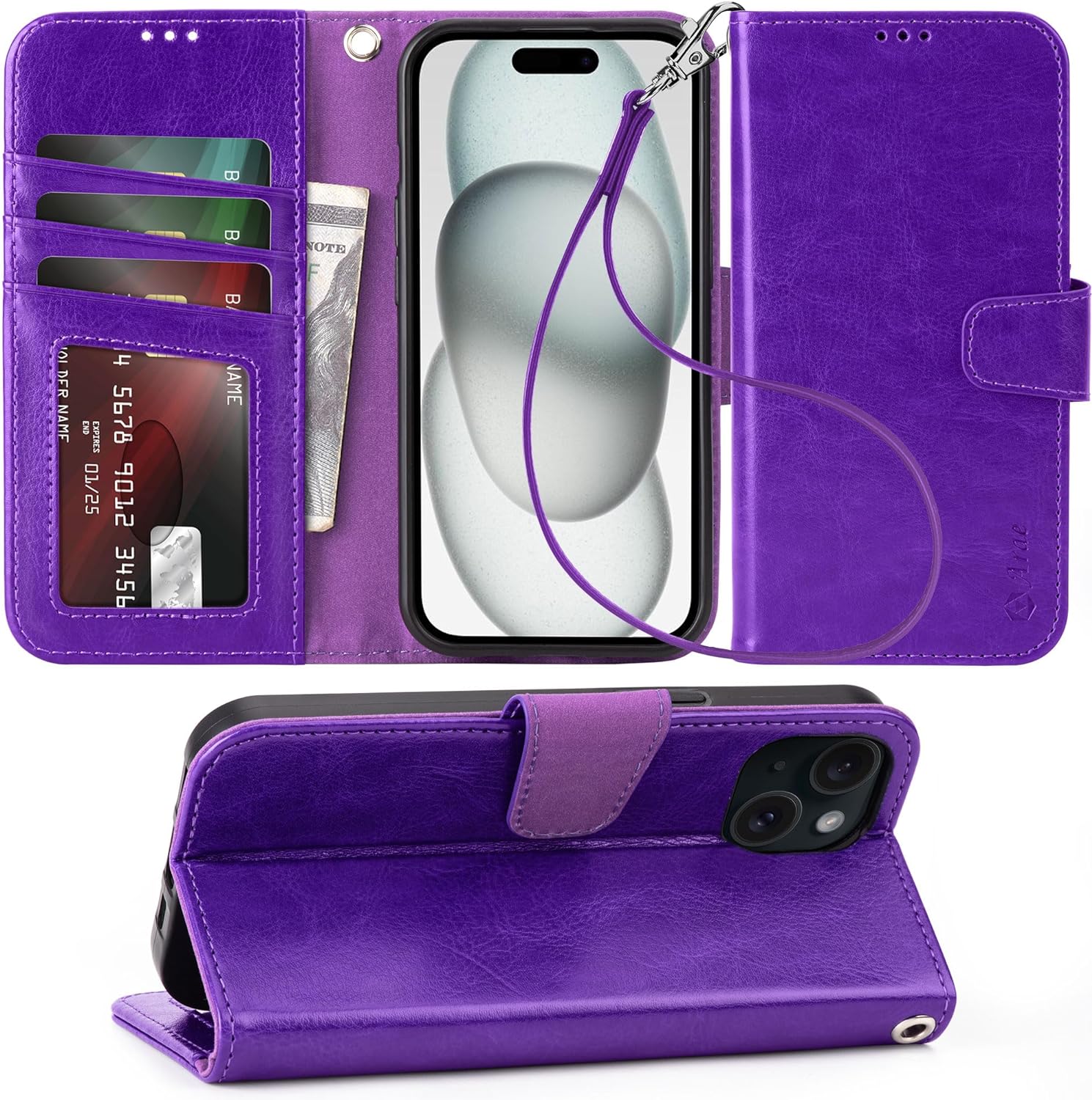 iPhone 15 Pro Case with Card Holder & Wrist Strap - Slim Wallet Flip Cover in Rose Gold | Perfect for Everyday Use, Travel & Hands-Free Convenience