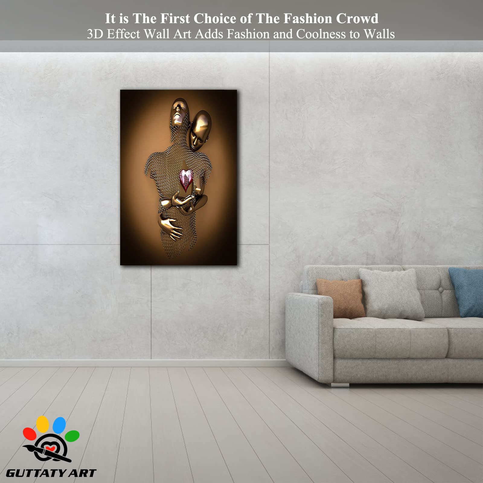 3D Metal Effect Love Heart Gray Gold Wall Art - Romantic Hugging Couple Canvas Painting for Bedroom & Living Room Decor - Valentine's Day Gift for Her/Him - 28x40 Inches - Perfect for Anniversary, Wedding & Home Interior Design