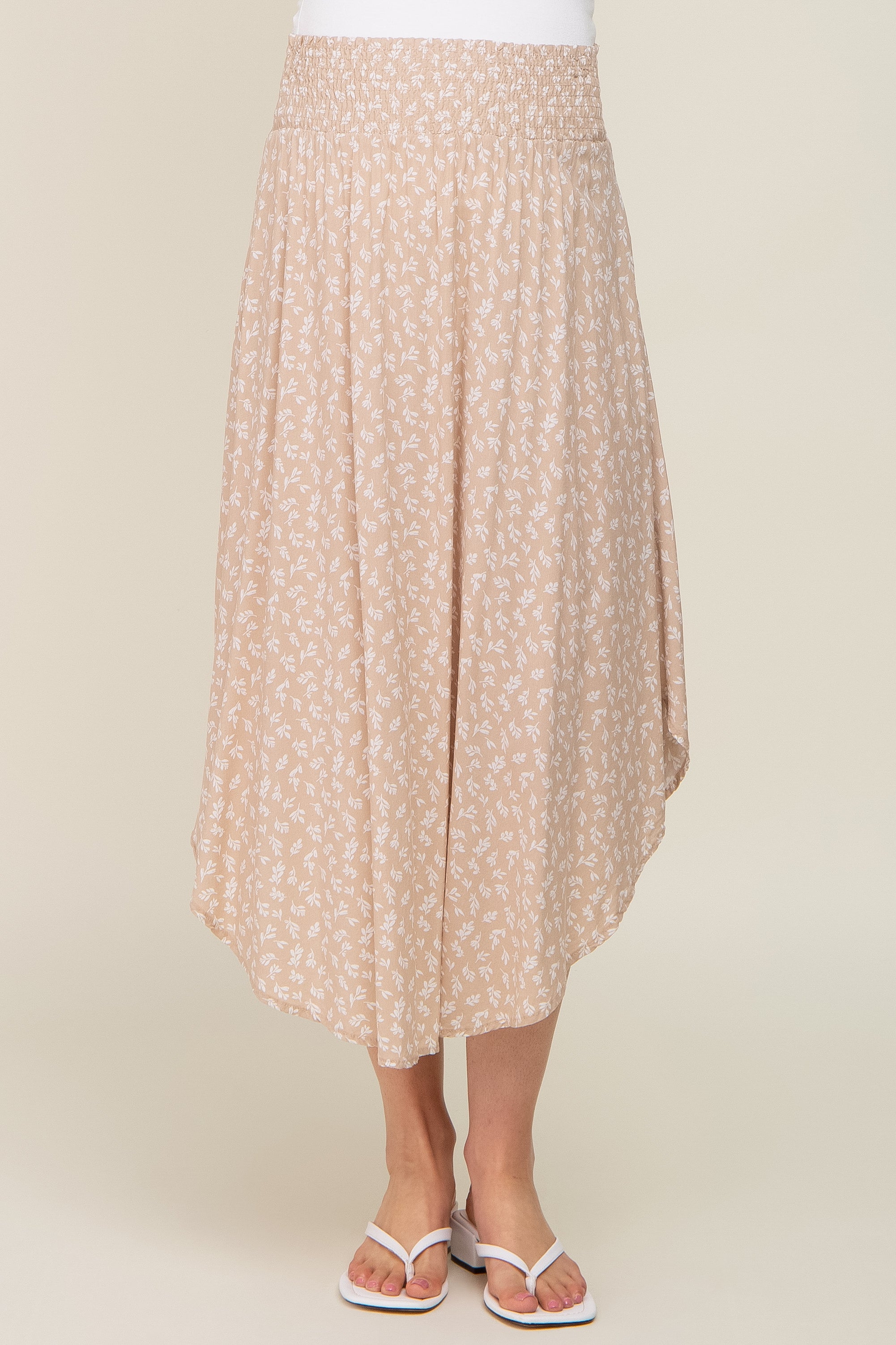 Beige Leaf Print Smocked Maternity Midi Skirt - Comfortable Stretchy Pregnancy Dress for Women, Perfect for Baby Shower, Maternity Photos & Summer Outfits