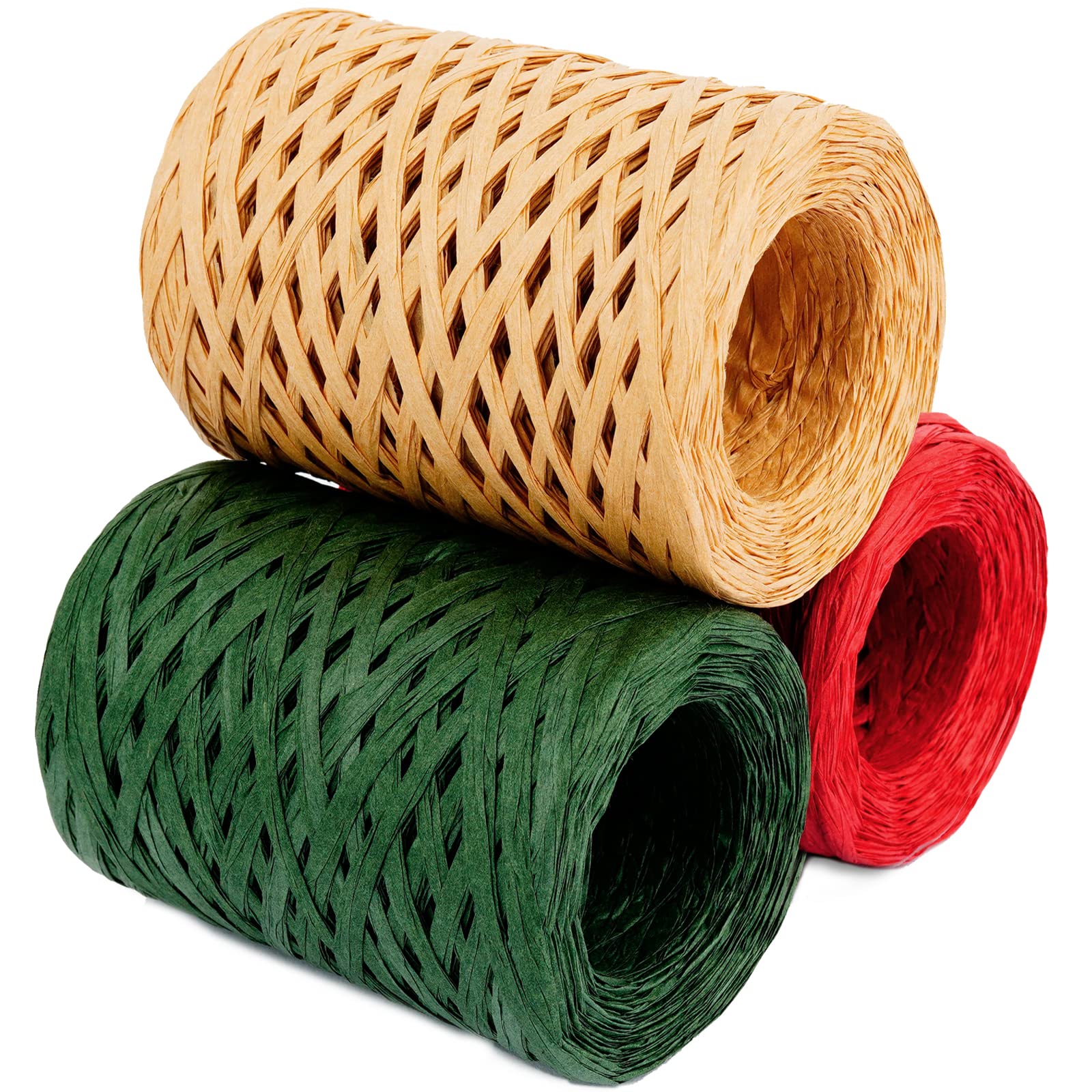Premium Raffia Ribbon for Gift Wrapping - 3 Rolls (984Ft Total) Christmas Craft Ribbon in Red & Green - Eco-Friendly Kraft Paper Twine for DIY Holiday Wrapping, Scrapbooking, and Handmade Decorations