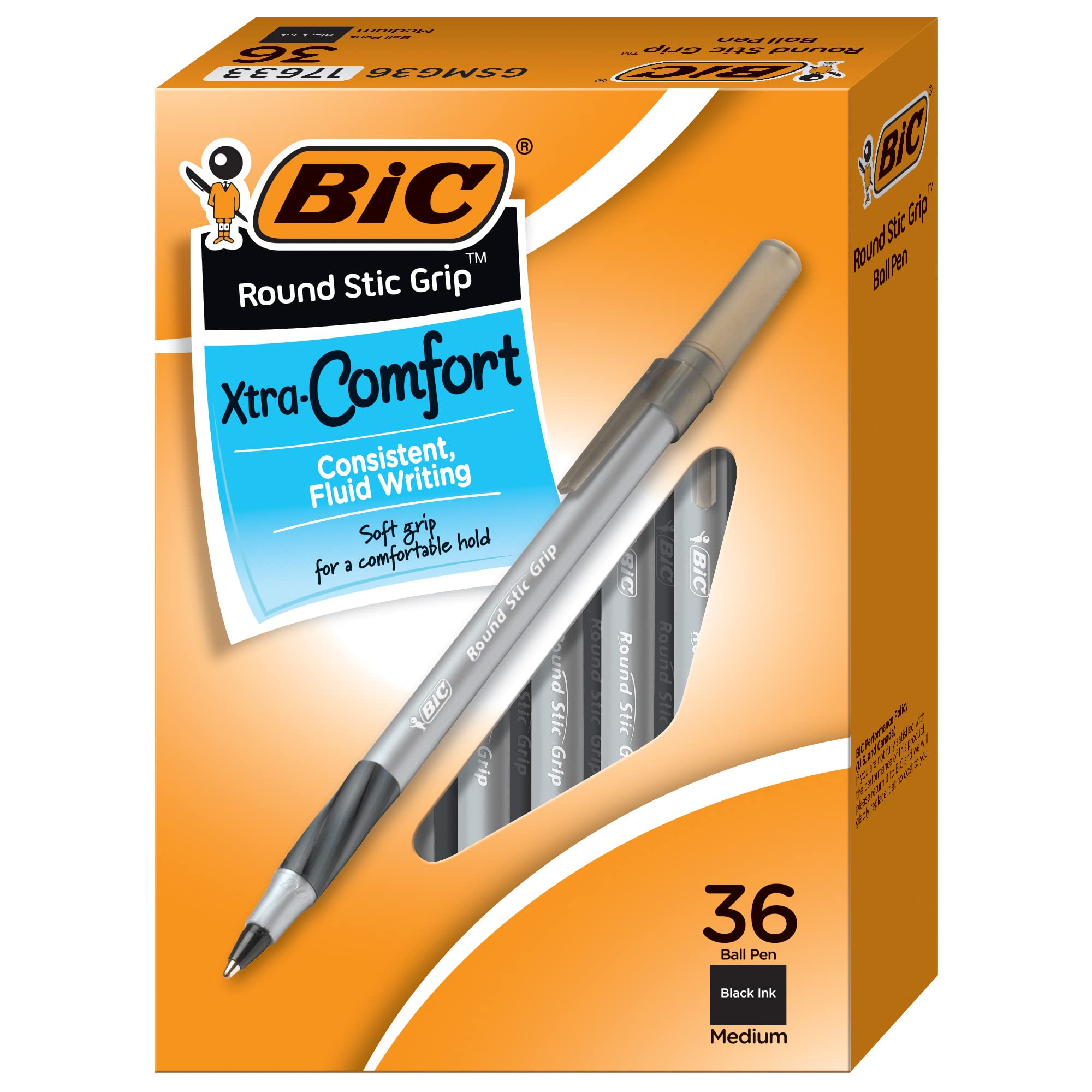 BIC Round Stic Grip Xtra Comfort Black Ballpoint Pens - 36 Pack (1.2mm Medium Point) - Smooth Writing Pens with Soft Grip for Comfort & Control - Ideal for Office, School, Note Taking & Everyday Use