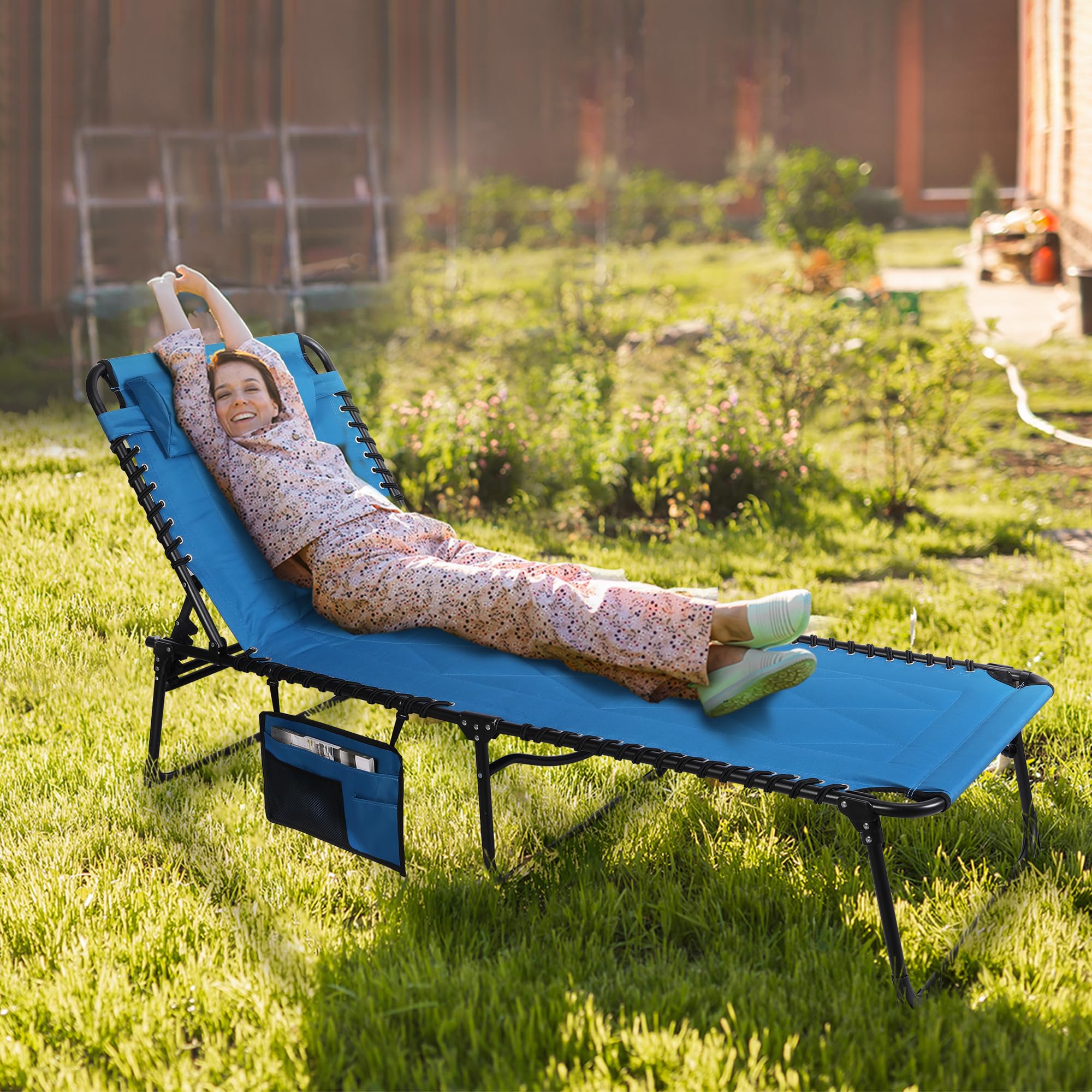 VILLEY Oversized Padded Chaise Lounge Chair with Cushion - Foldable Camping Cot & Patio Recliner - Portable Folding Sleeping Bed for Outdoor, Indoor, Backyard, Garden, Camping, Beach - Perfect for Relaxing, Sunbathing and Lounging