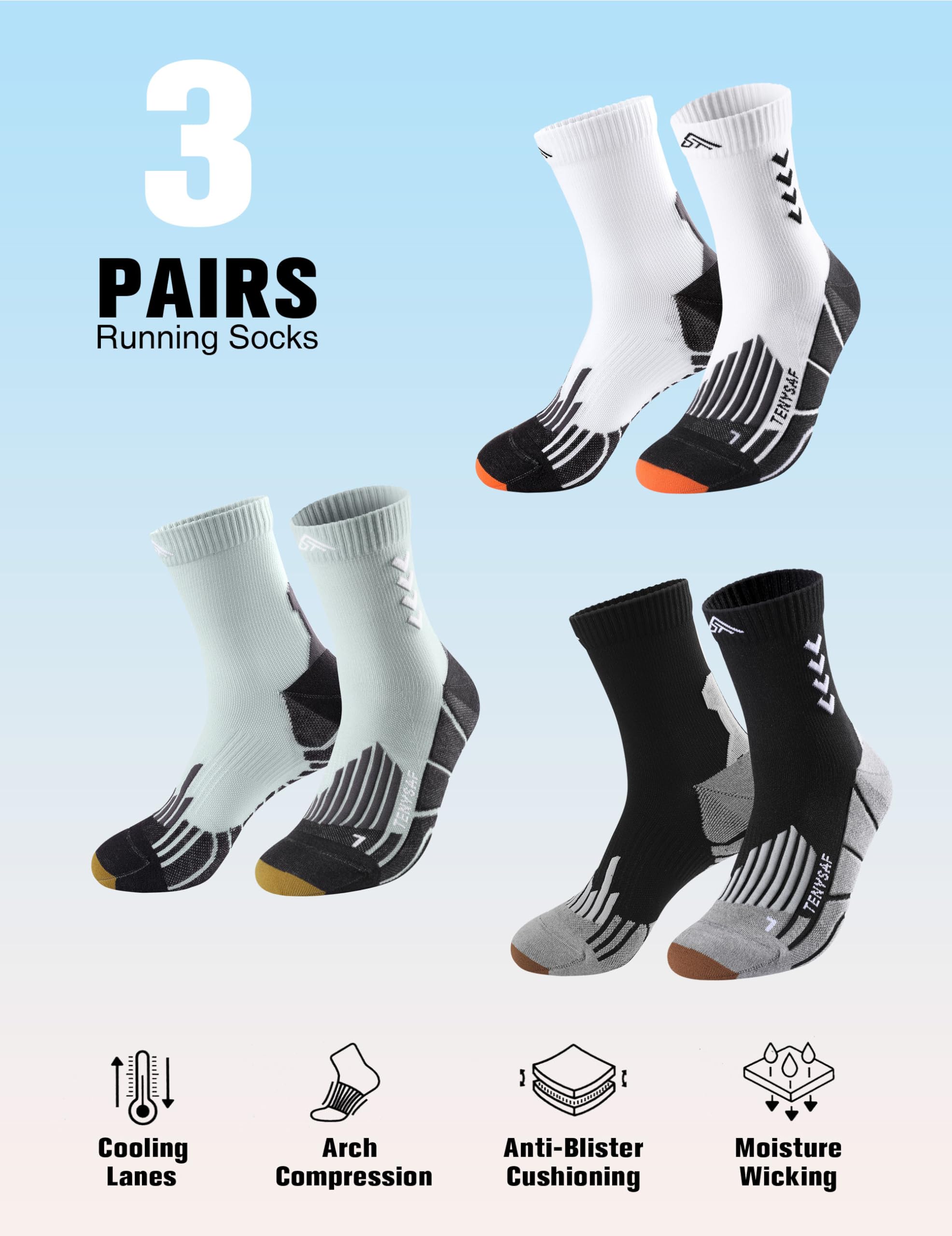 Compression Crew Running Socks for Men & Women - 3 Pairs Cushioned Athletic Socks for Work, Hiking, Basketball & Sports | Perfect for Workouts, Outdoor Activities & Daily Wear