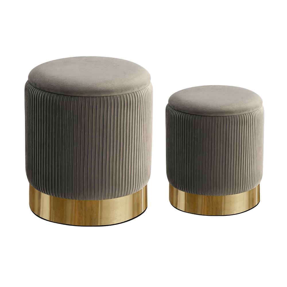 Round Velvet Storage Ottoman Set of 2 - Modern Circle Footrest with Hidden Storage for Living Room, Bedroom & Dorm - Multi-Functional Accent Chair for Extra Seating and Home Organization