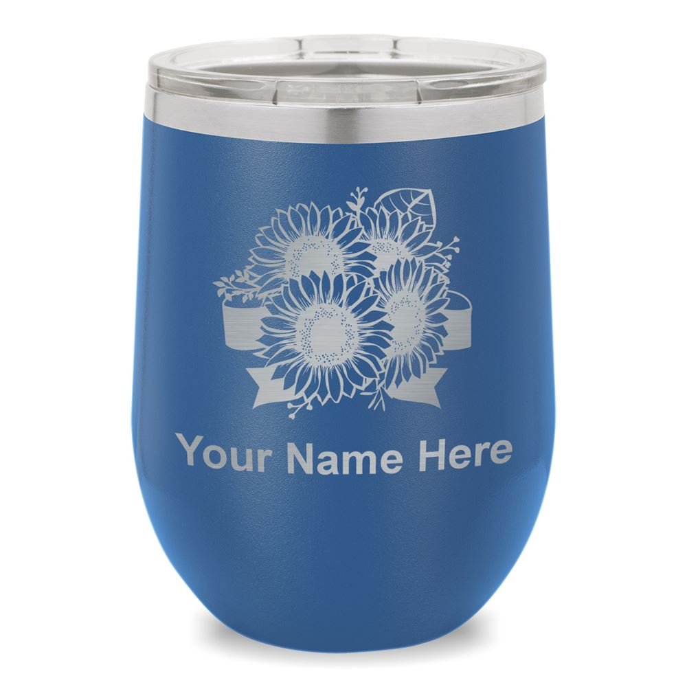 Personalized Wine Glass Tumbler with Sunflower Design - Engraved Dark Blue Stemless Glass for Parties, Weddings & Home Decor